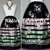 Black+Pink Emb Floral Overlay Satin Ribbon Skirt