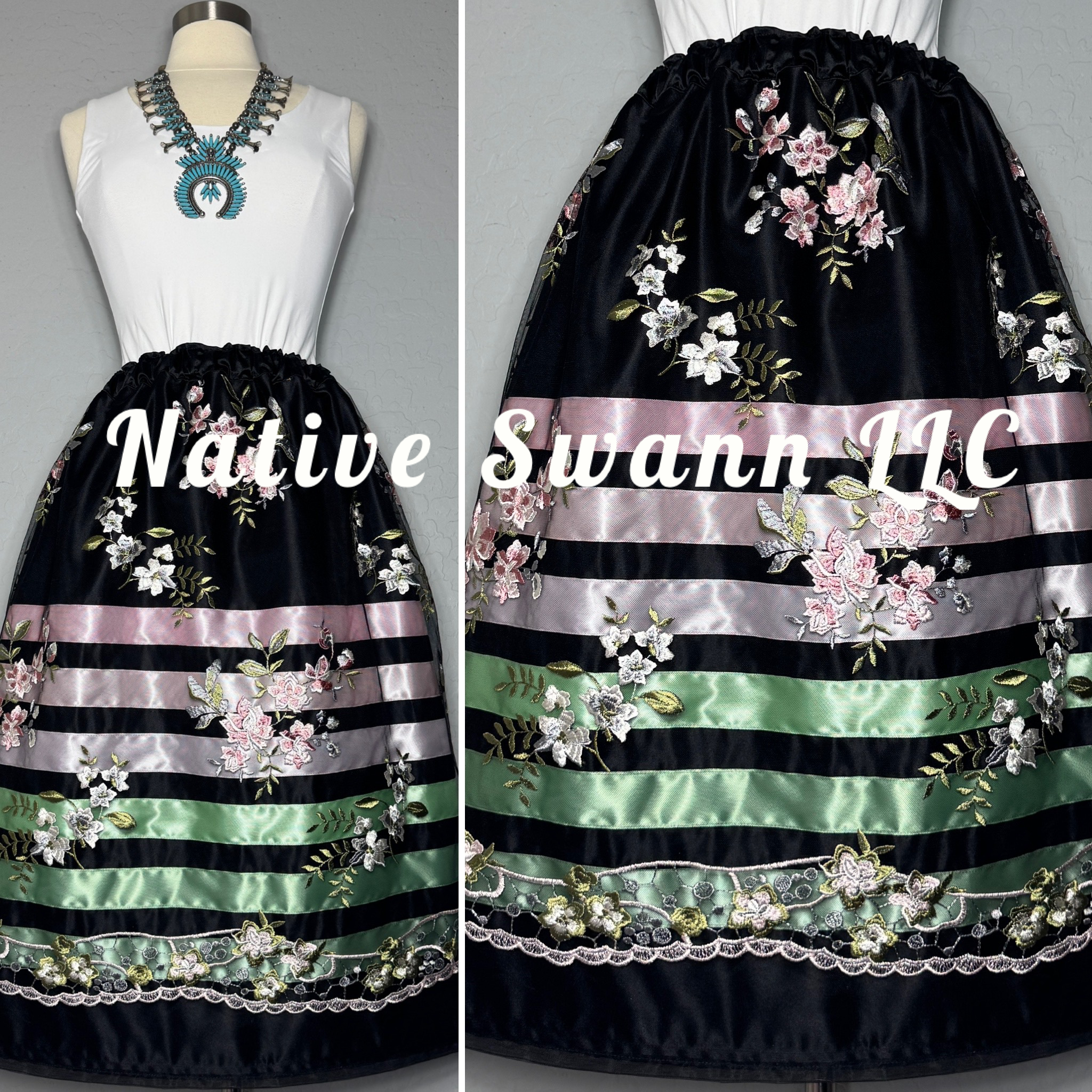 Black+Pink Emb Floral Overlay Satin Ribbon Skirt