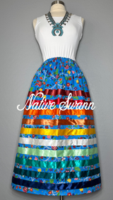 Blue Beaded Floral Design Cotton Ribbon Skirt