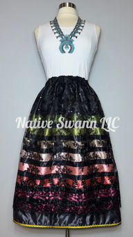 Black Floral Overlay Satin Ribbon Skirt