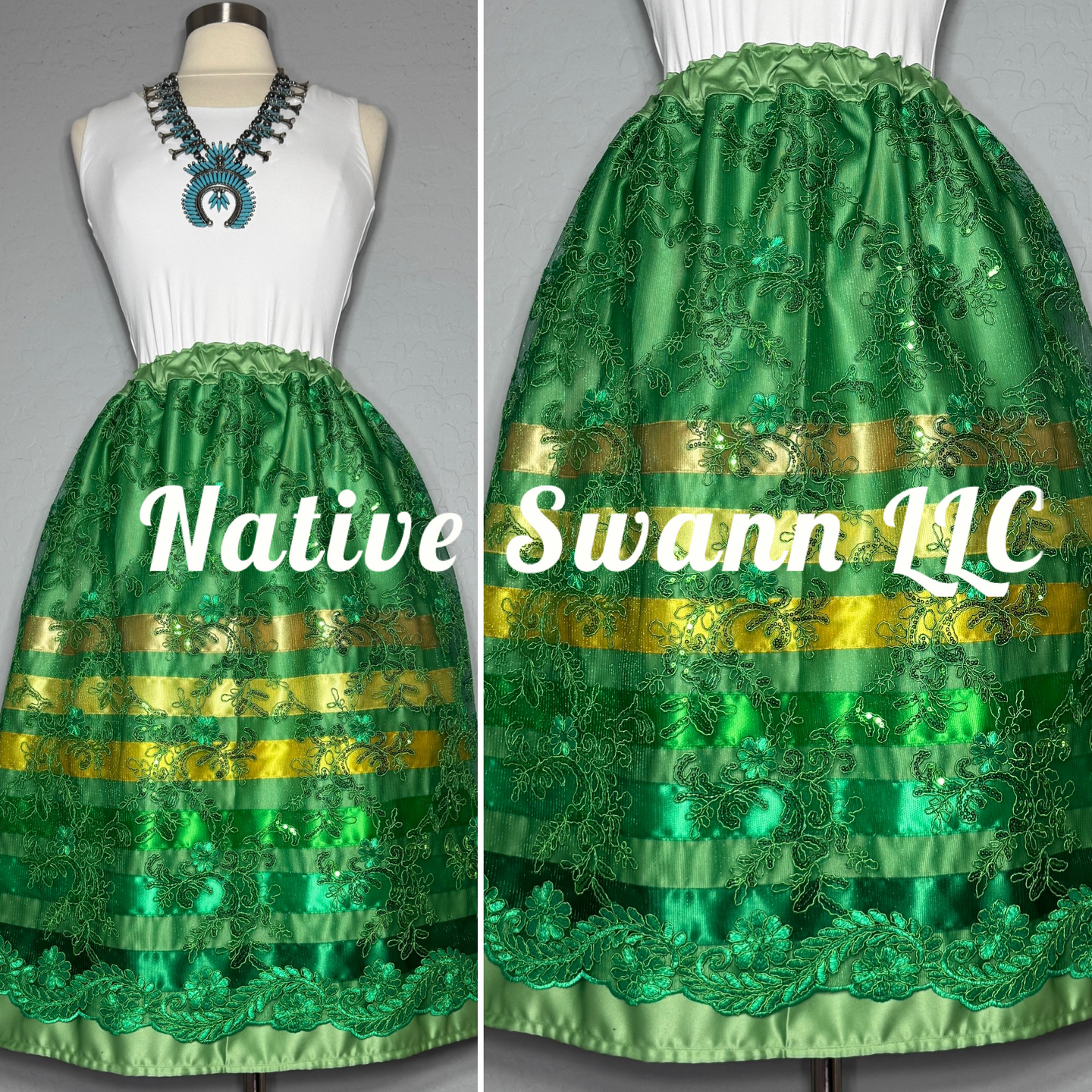 Green Floral Overlay Satin Ribbon Skirt