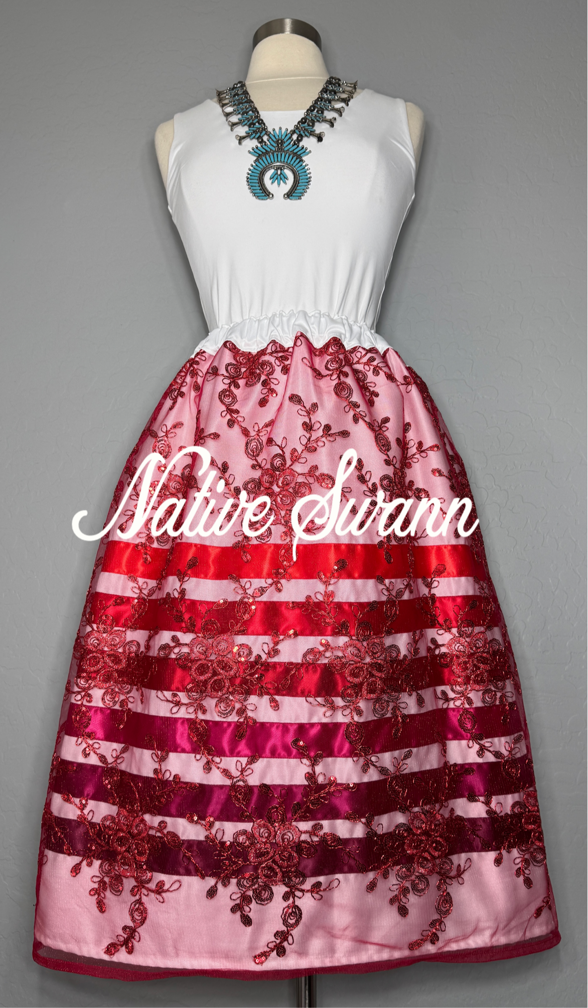 Red Floral Sequins Overlay Satin Ribbon Skirt