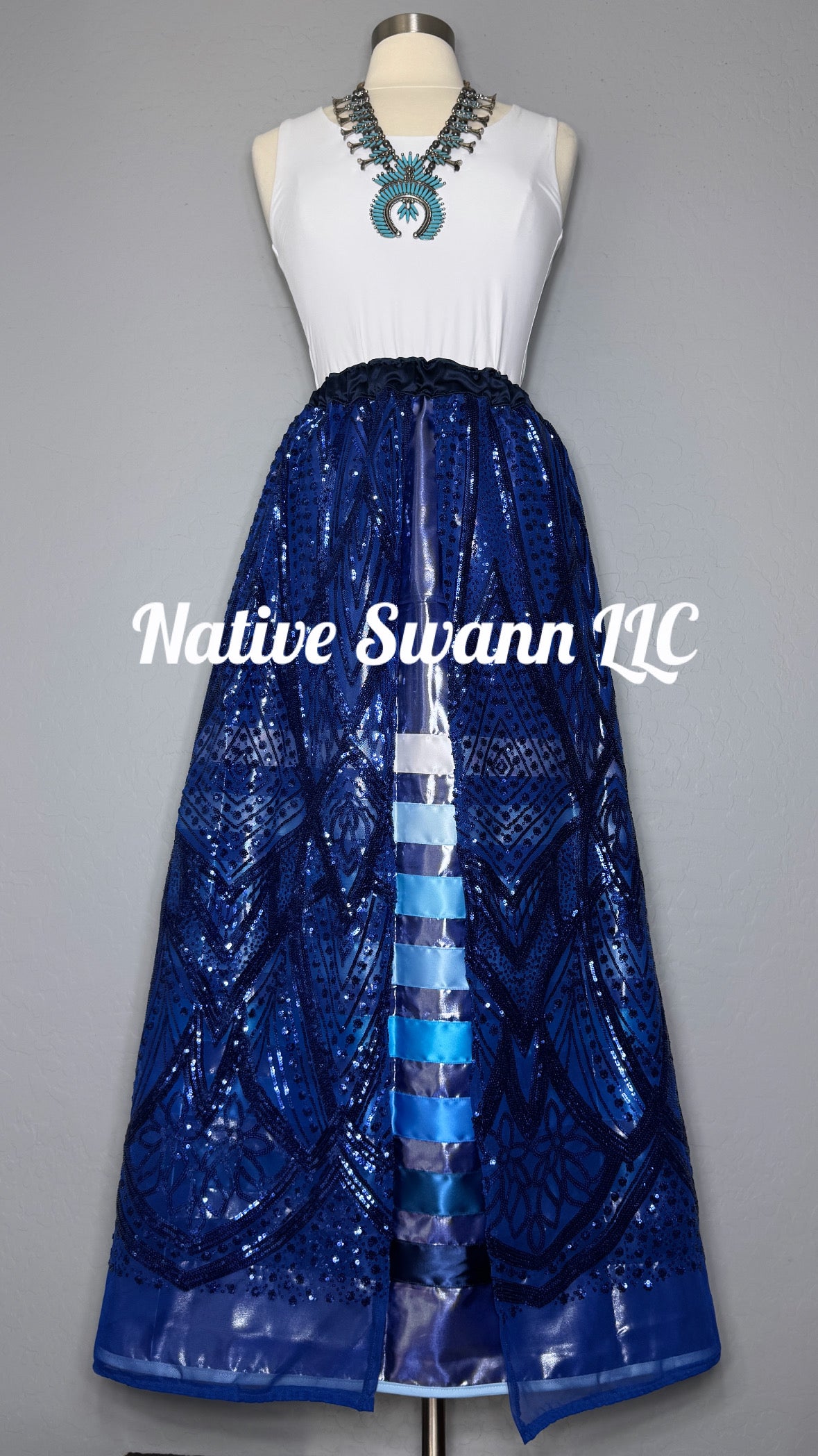 Navy Blue Sequins Long Overlay Satin Ribbon Skirt