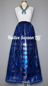 Navy Blue Sequins Long Overlay Satin Ribbon Skirt