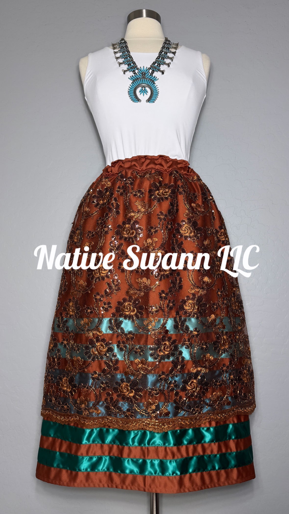 Brown Floral Overlay Satin Ribbon Skirt