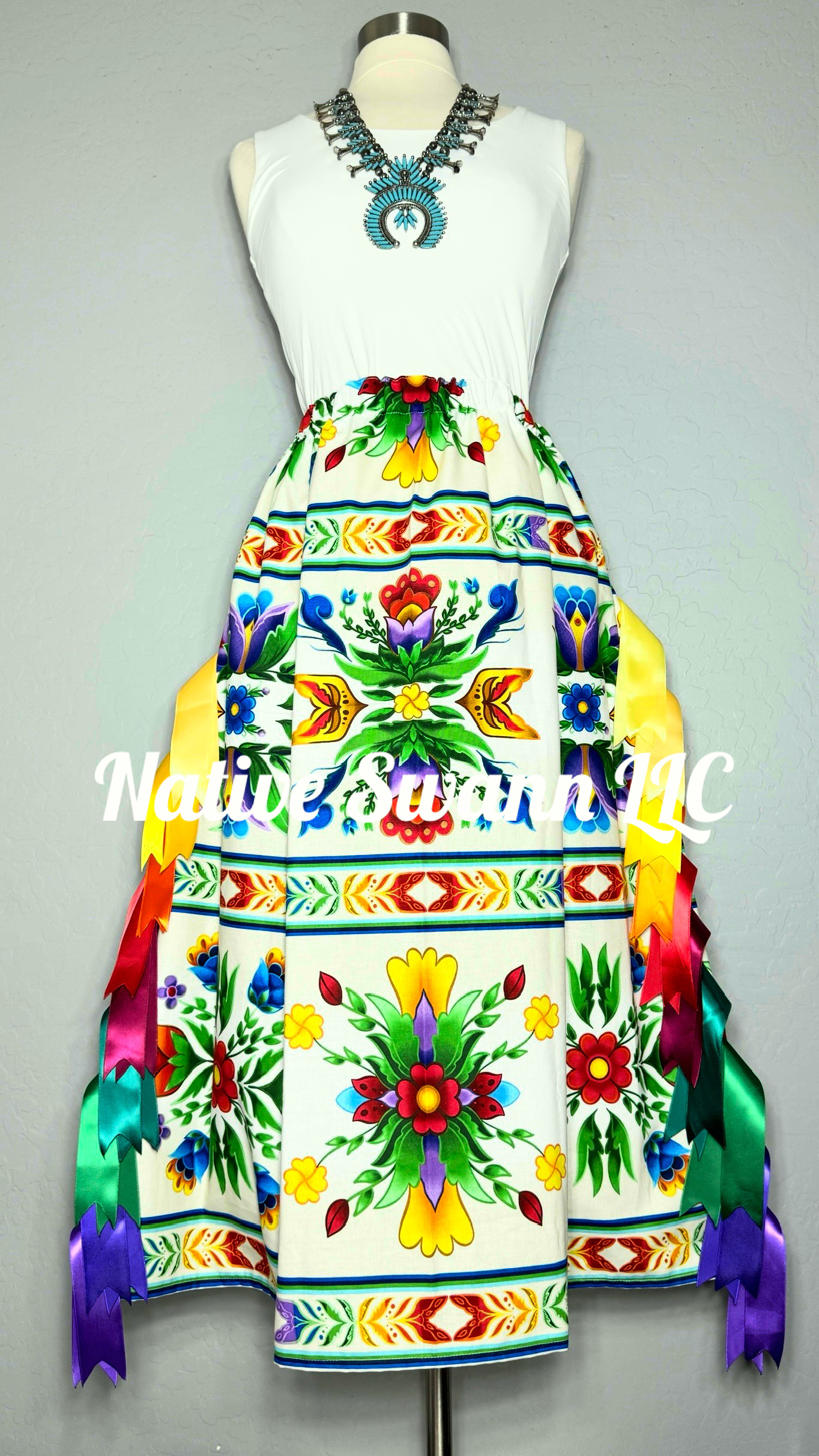 Ivory Regalia Floral Cotton Ribbon Skirt w/ Pockets