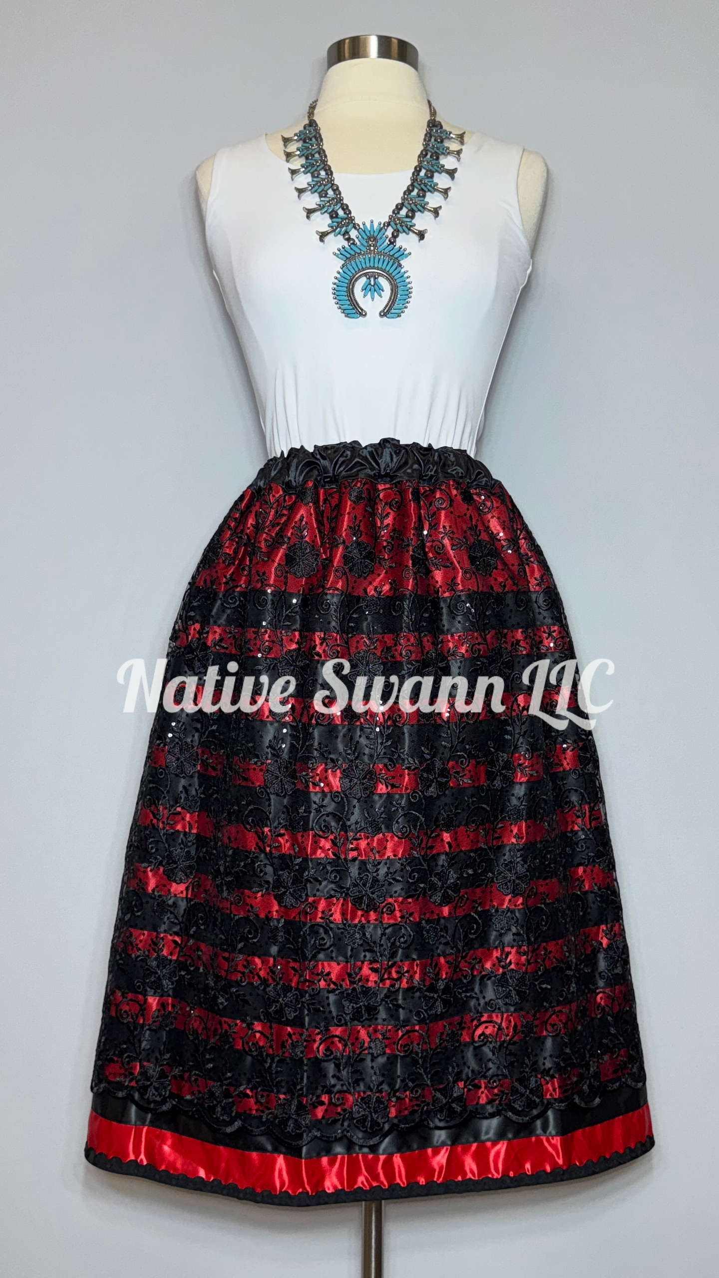 Black+Red Florals Overlay Satin Ribbon Skirt