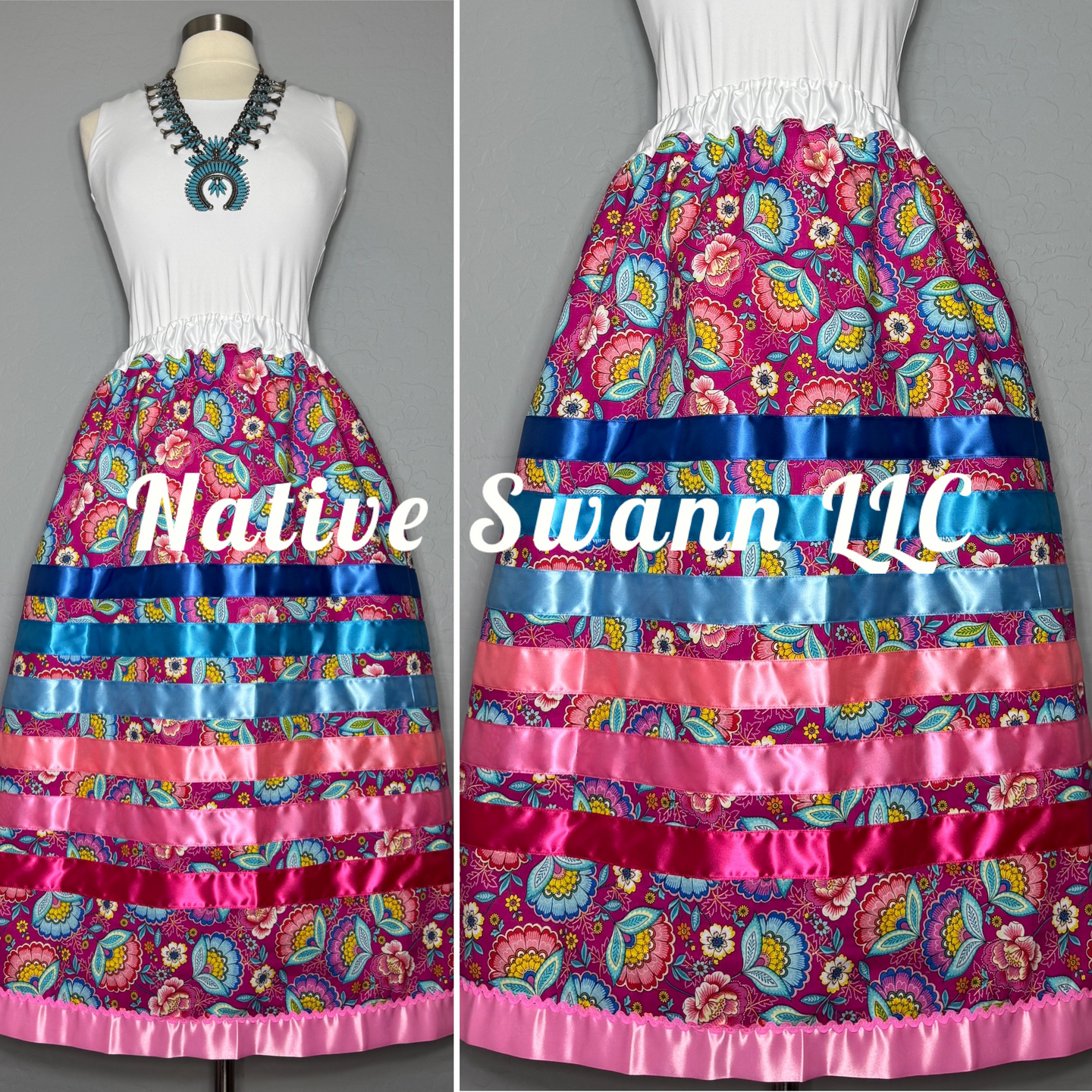 Pink Flowers Cotton Ribbon Skirt w/ Pockets & Pink Satin Bias Tape Trim & pink Ric rack