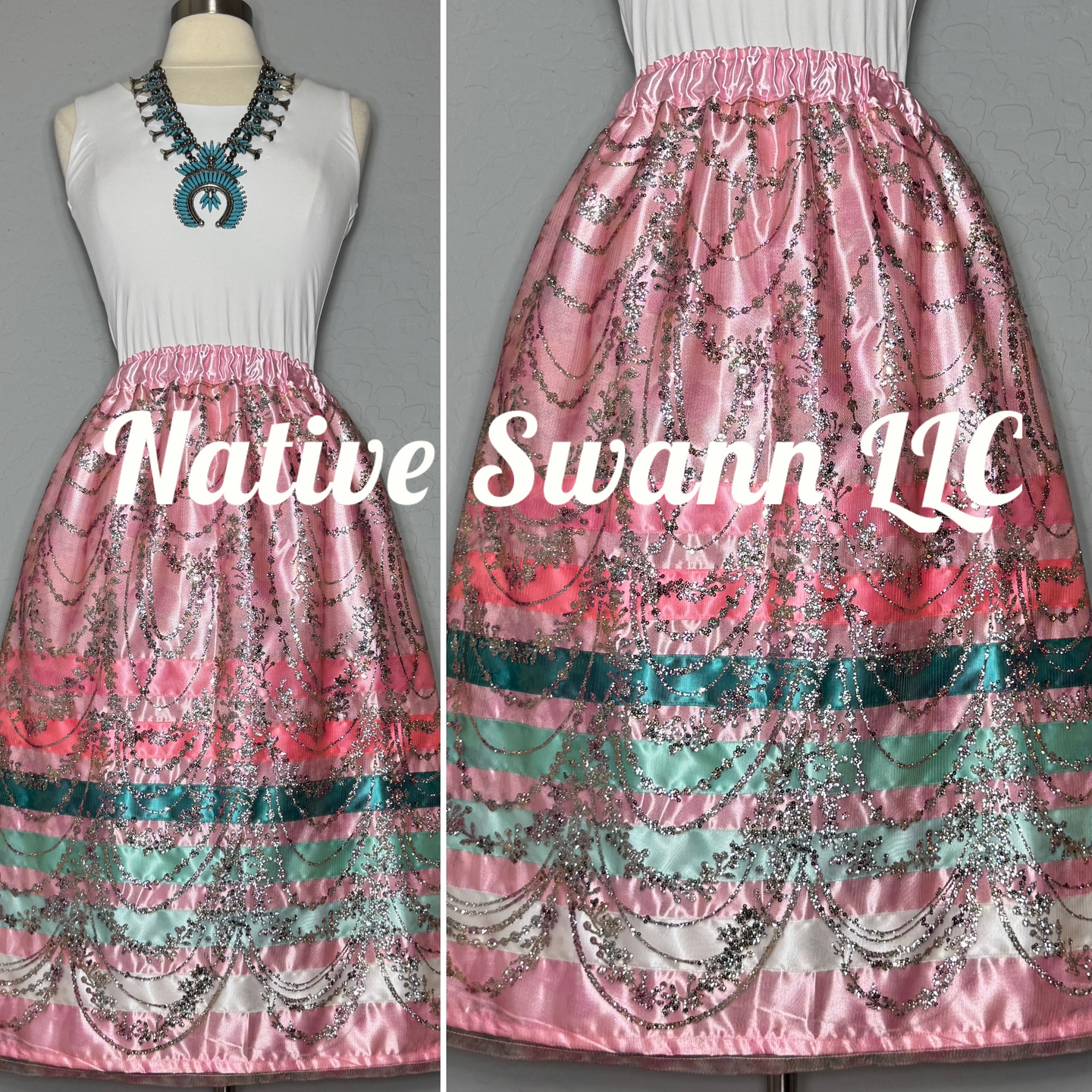 Pink Glitter Mesh Overlay Satin Ribbon Skirt