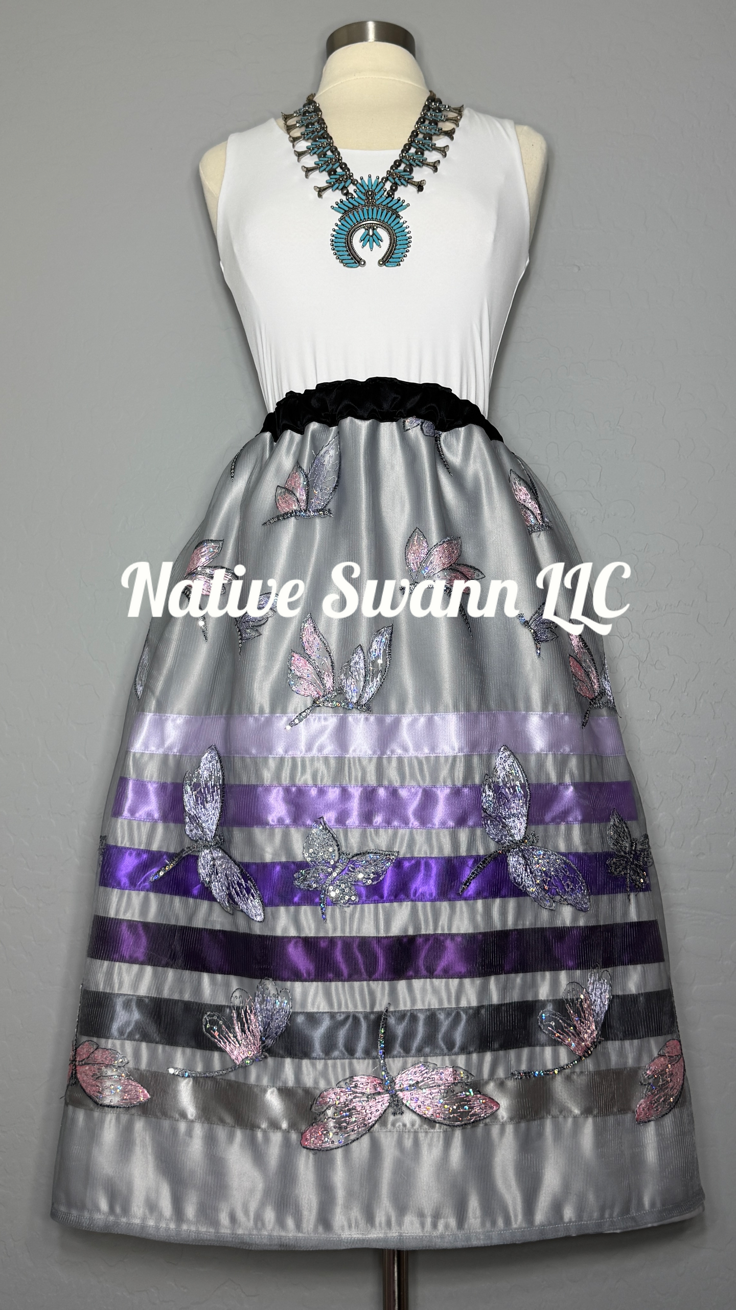 Grey+Purple Dragonflies Overlay Satin Ribbon Skirt