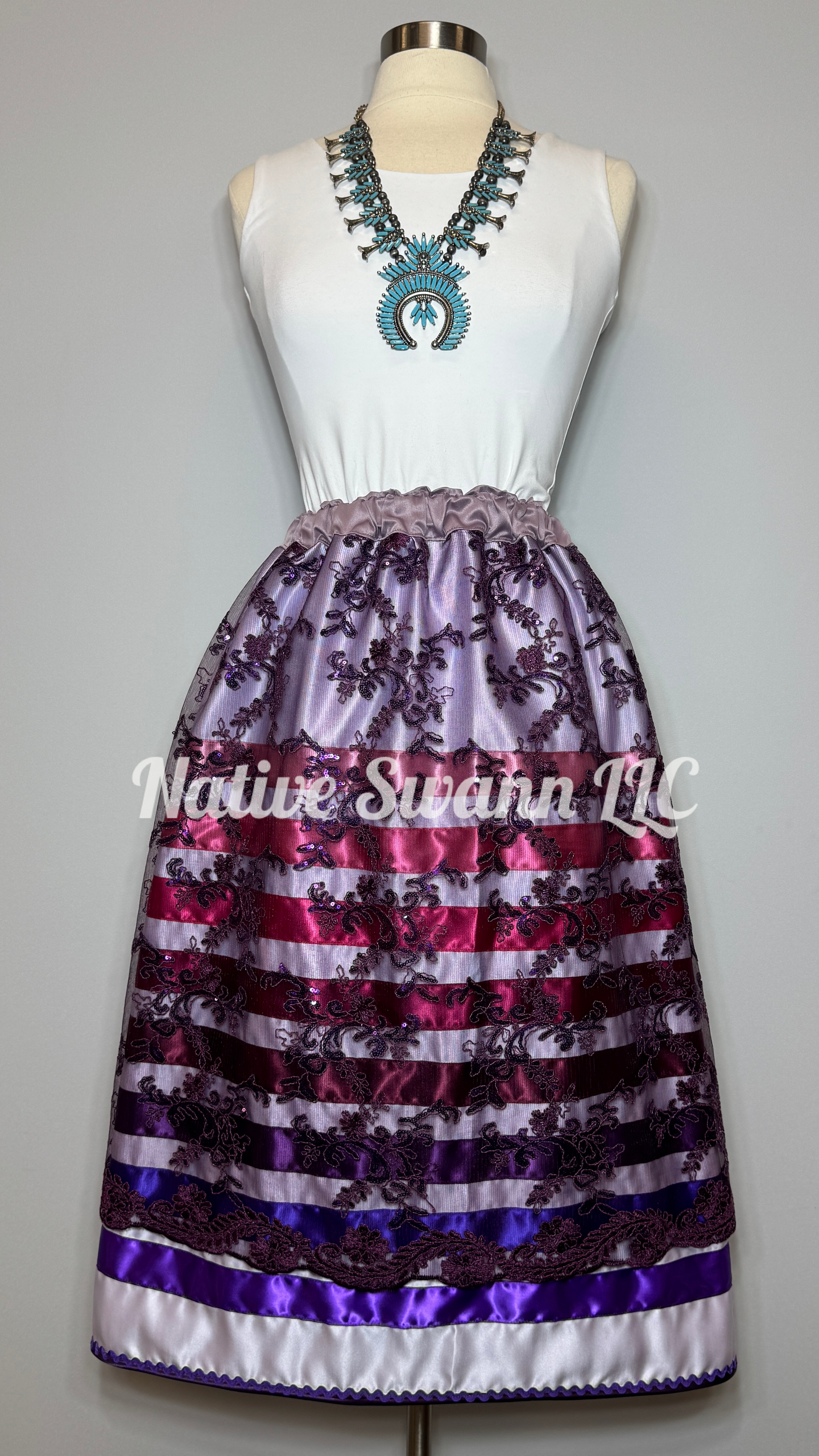 Purple Lavender Floral Overlay Satin Ribbon Skirt