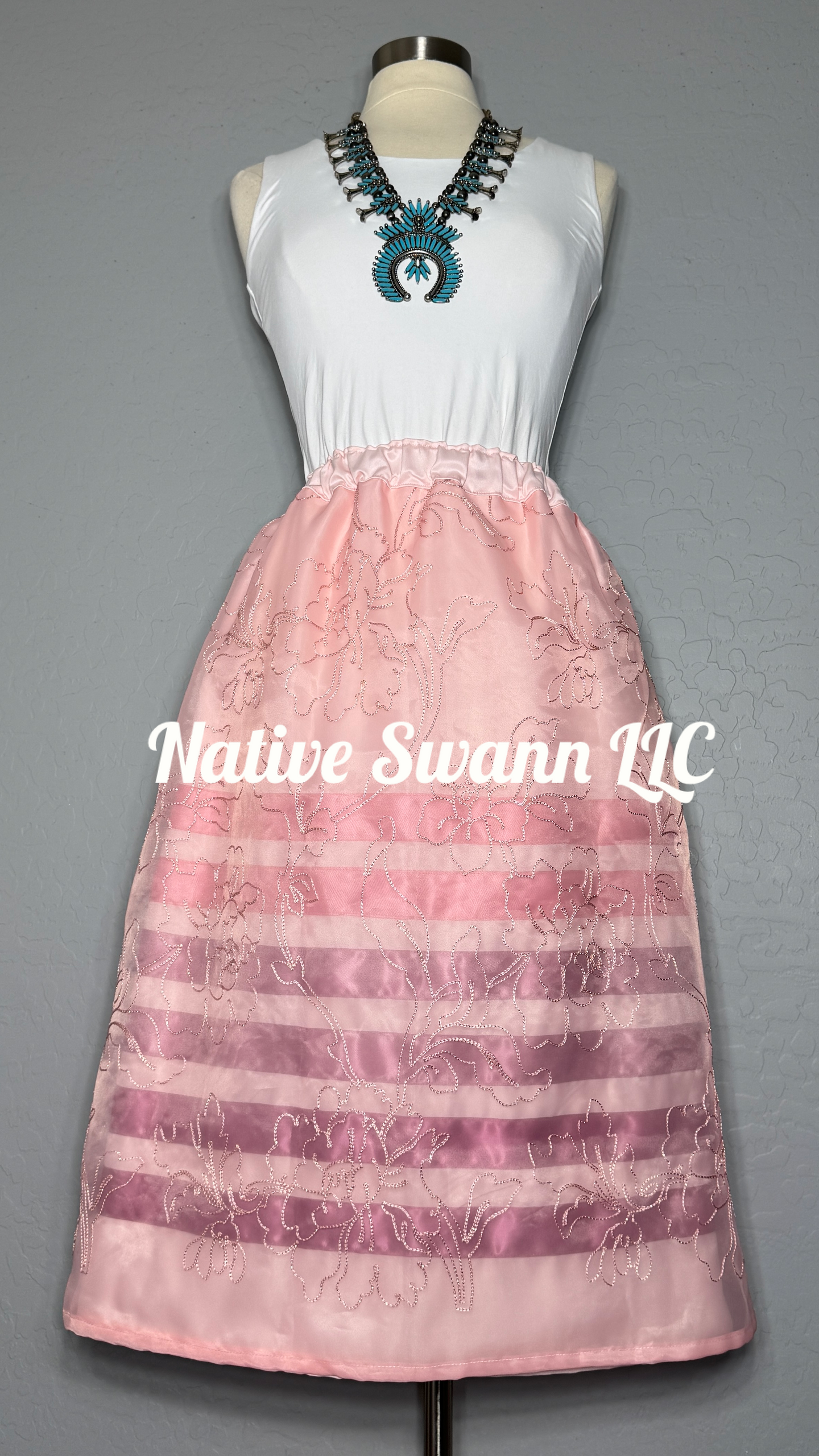 Lt. Pink Floral Overlay Satin Ribbon Skirt
