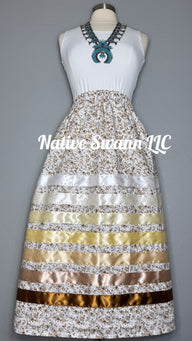 Beige-Brown Florals Cotton Ribbon Skirt w/ Pockets