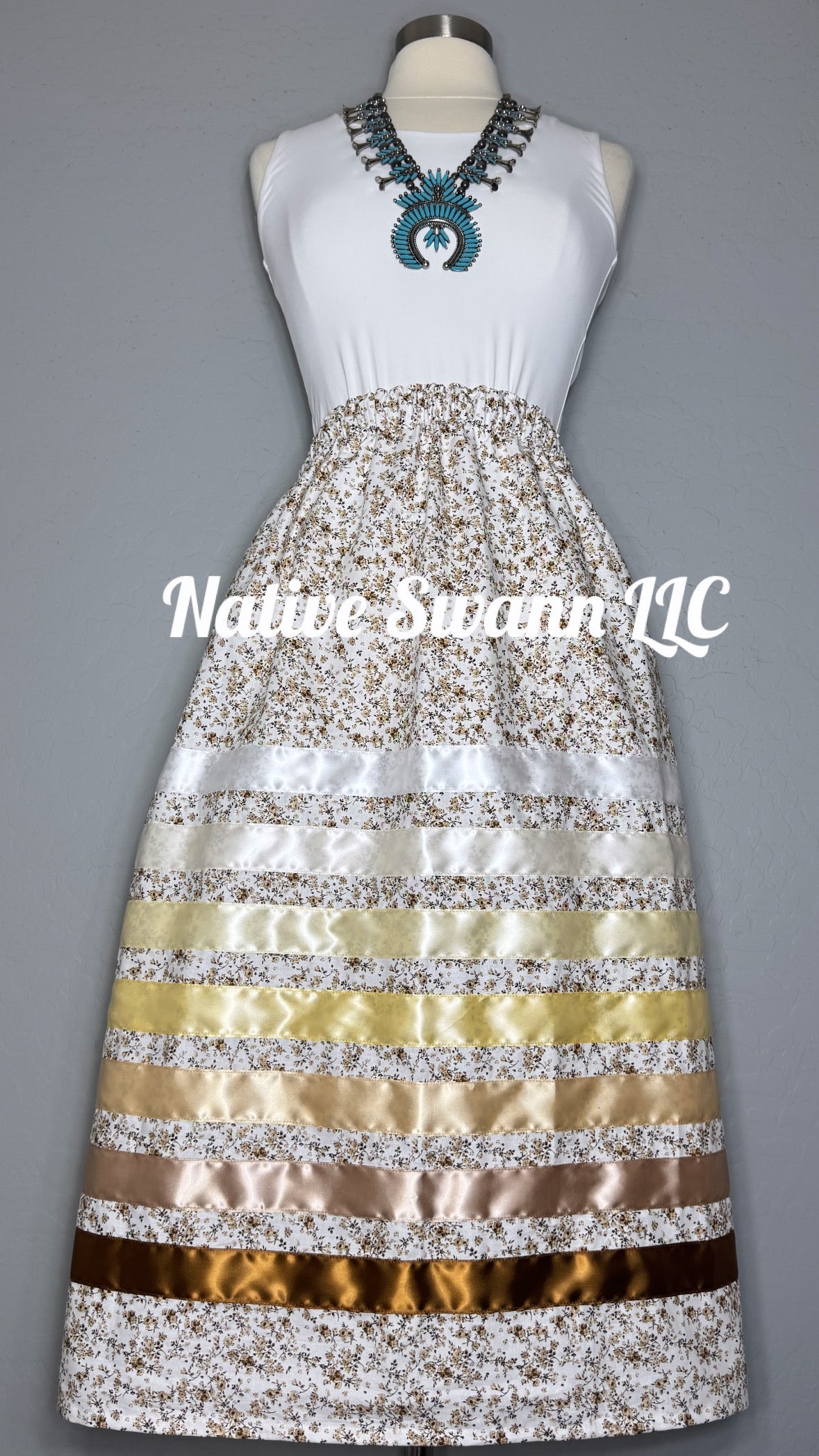 Beige-Brown Florals Cotton Ribbon Skirt w/ Pockets