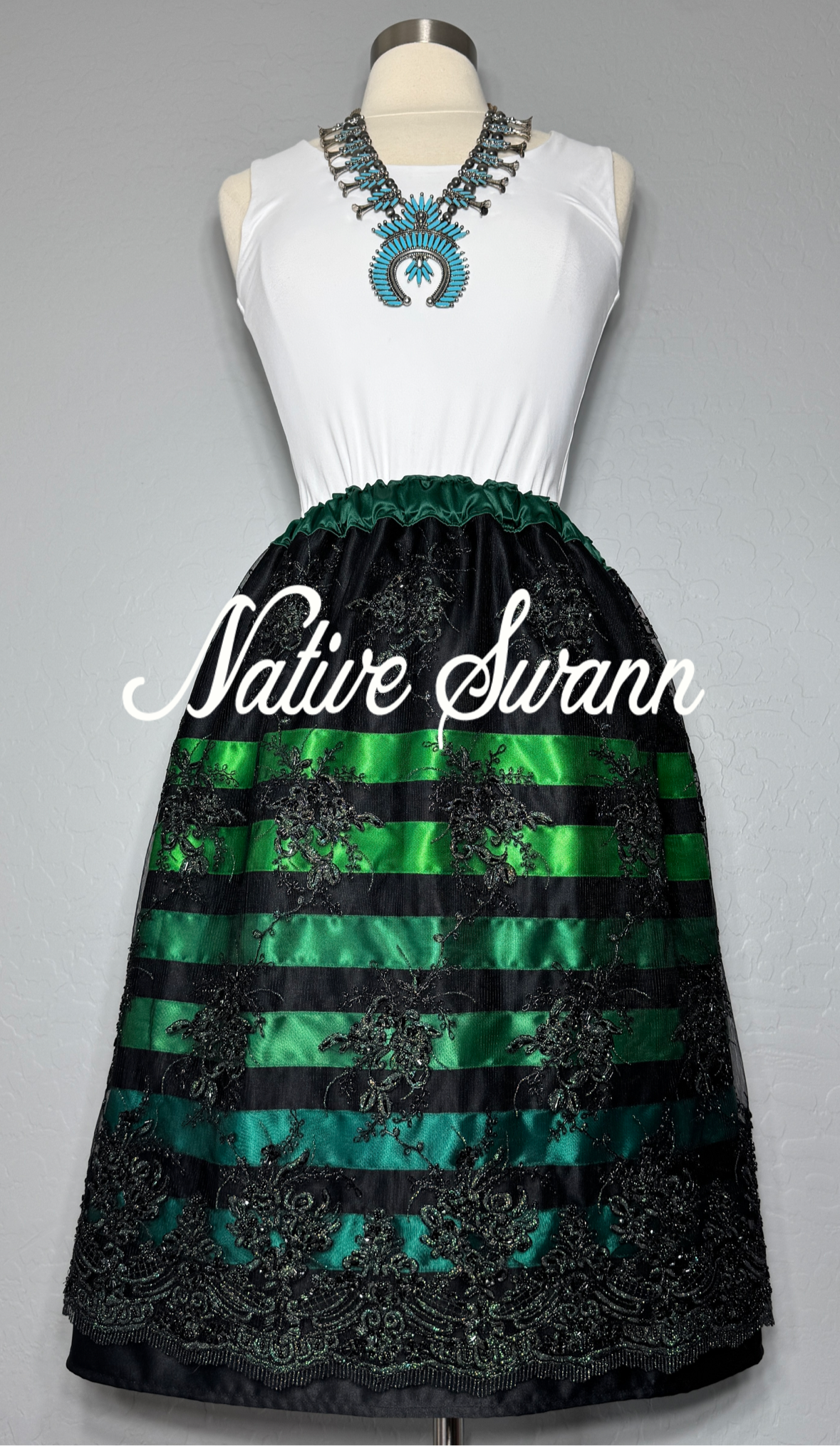 Green+Black Overlay Satin Ribbon Skirt