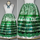 Green Floral Overlay Satin Ribbon Skirt w/ Gold Trim