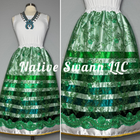 Green Floral Overlay Satin Ribbon Skirt w/ Gold Trim