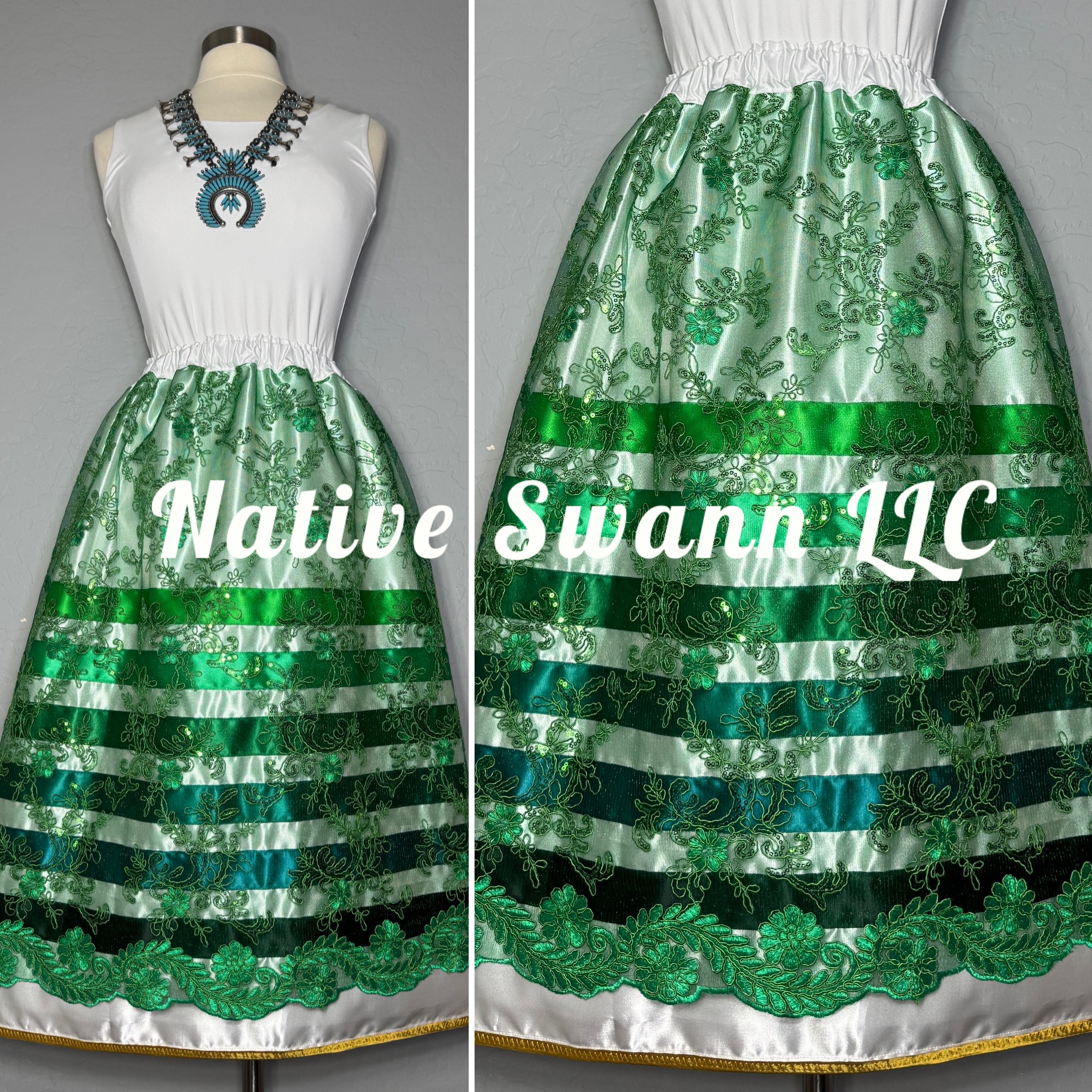 Green Floral Overlay Satin Ribbon Skirt w/ Gold Trim