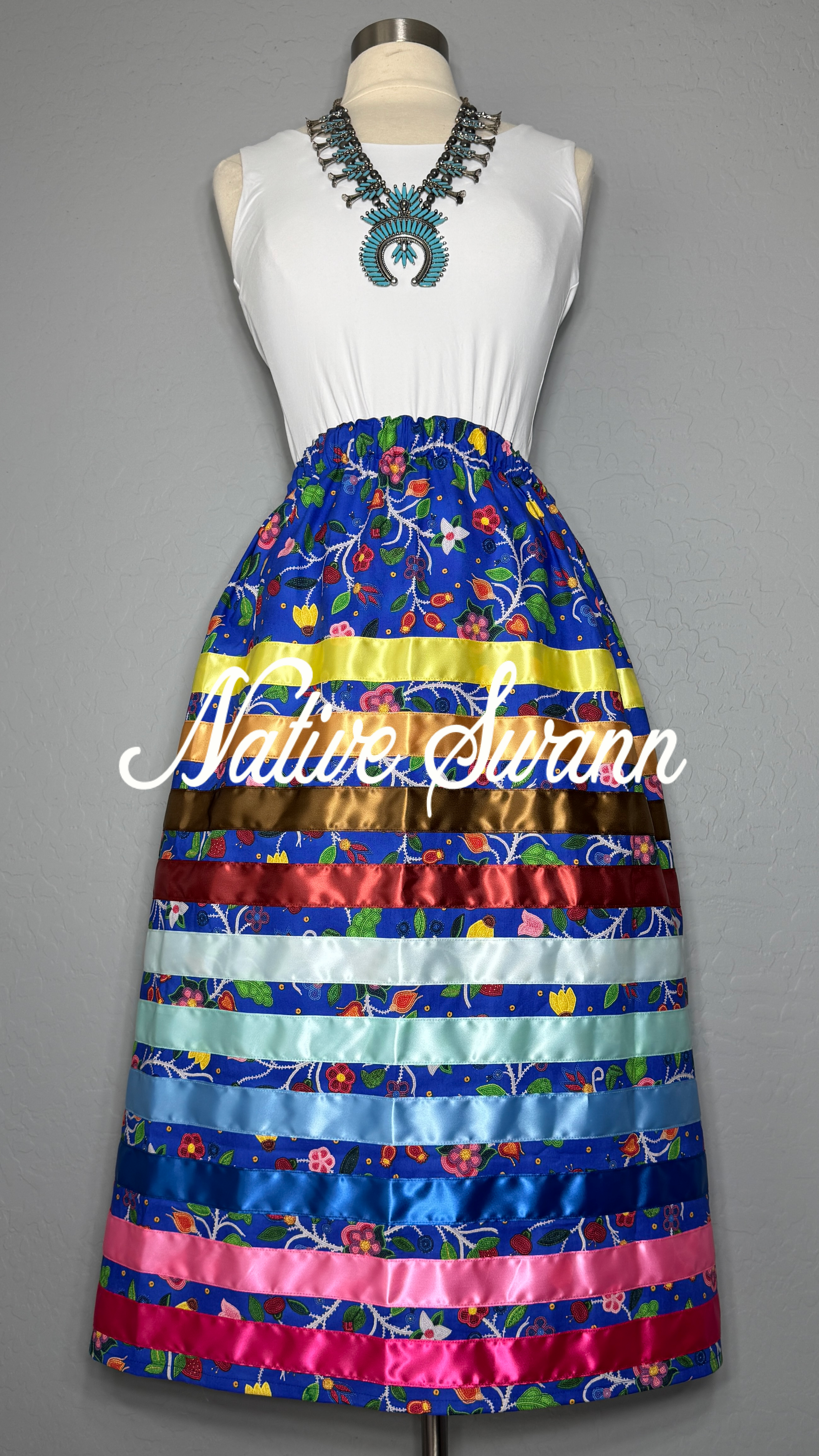 Royal Blue Beaded Floral Cotton Ribbon Skirt
