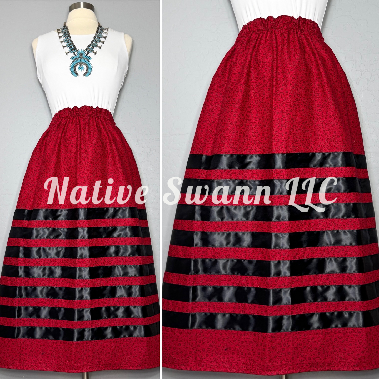 Red Floral Black Cotton Ribbon Skirt w/ Pockets