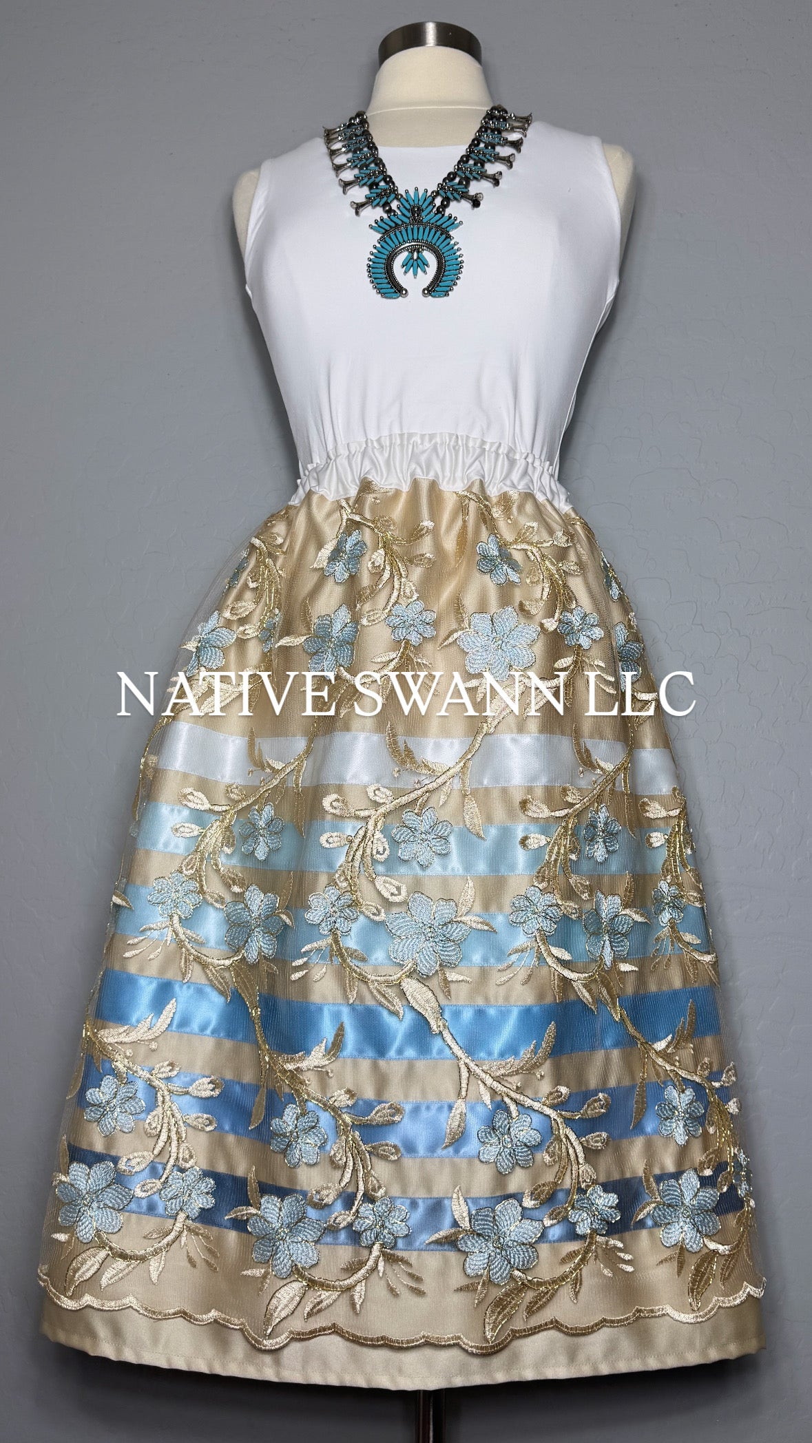 Beige Emb. Floral Overlay Satin Ribbon Skirt