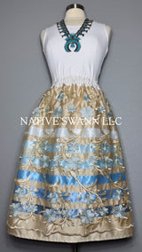 Beige Emb. Floral Overlay Satin Ribbon Skirt