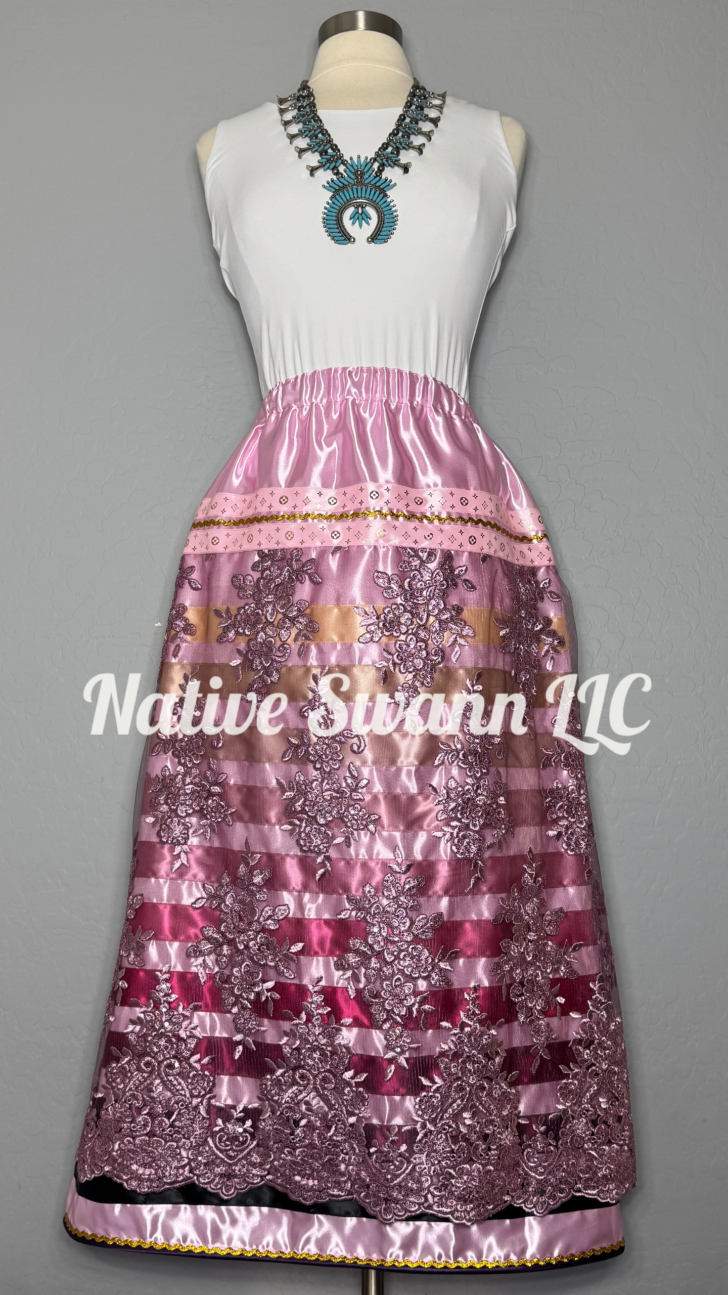 Mauve-Pink Floral Embroidered Overlay Satin Ribbon Skirt w/ Pockets