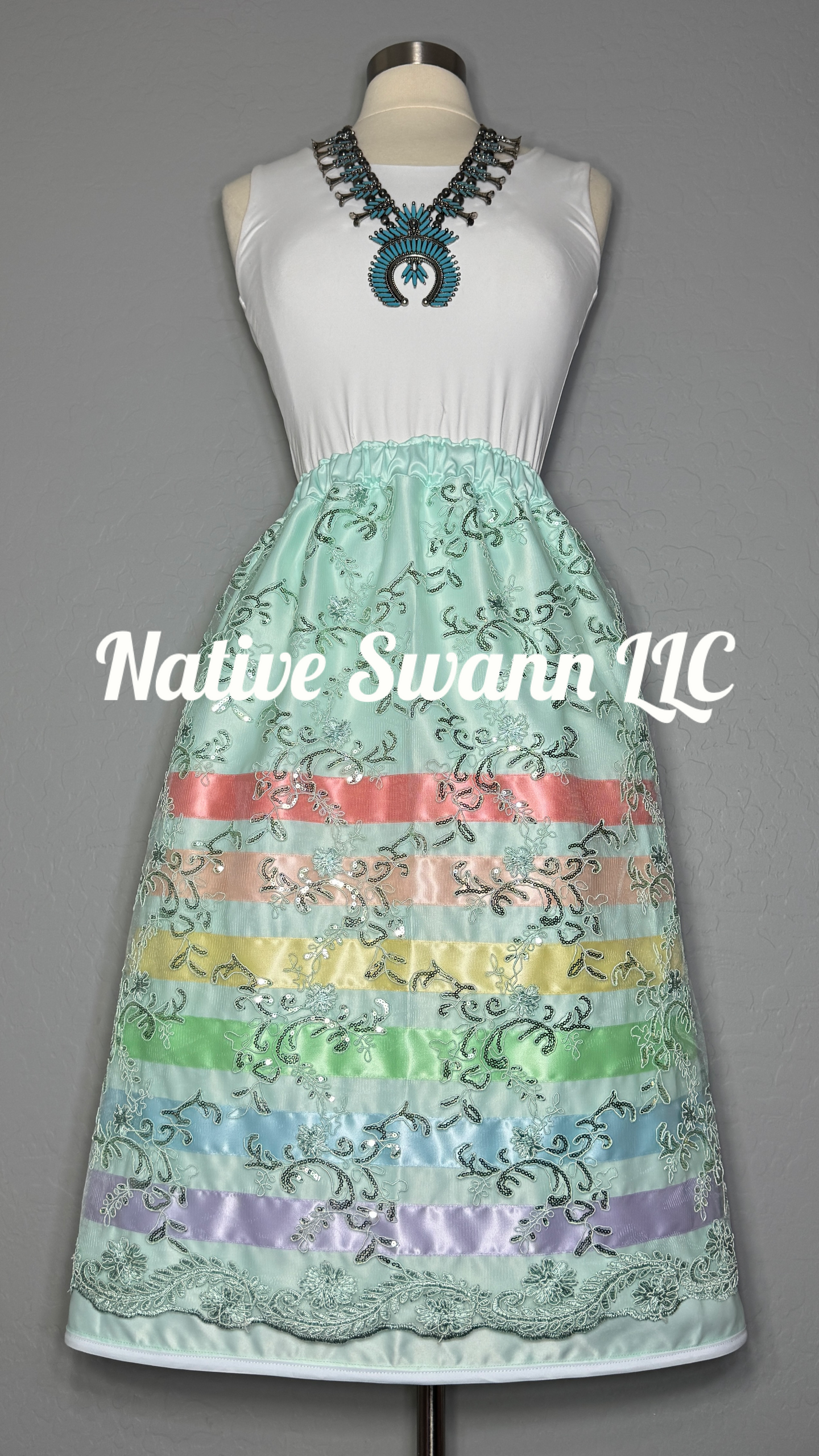 Mint Floral Overlay Satin Ribbon Skirt