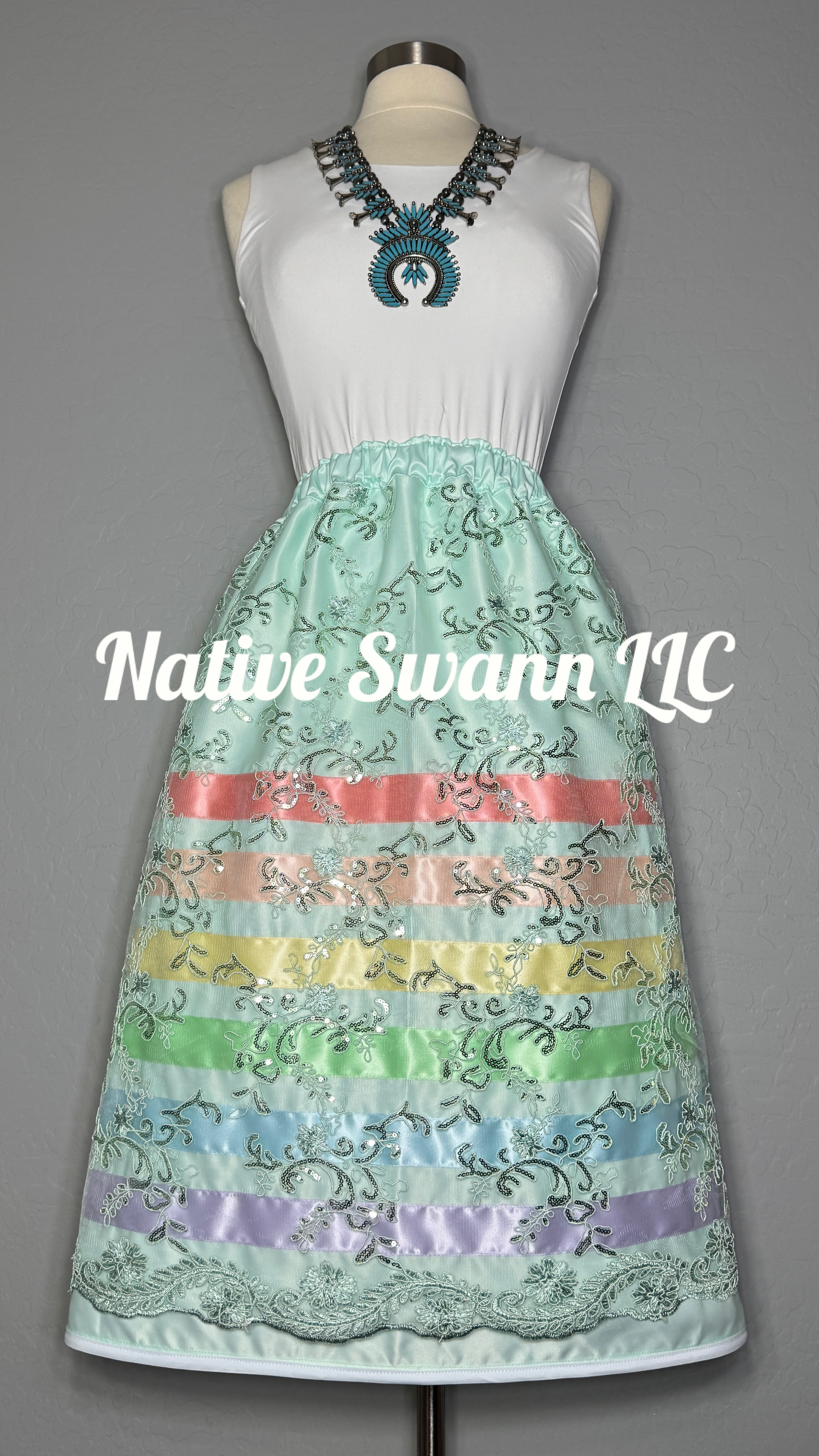 Mint Floral Overlay Satin Ribbon Skirt