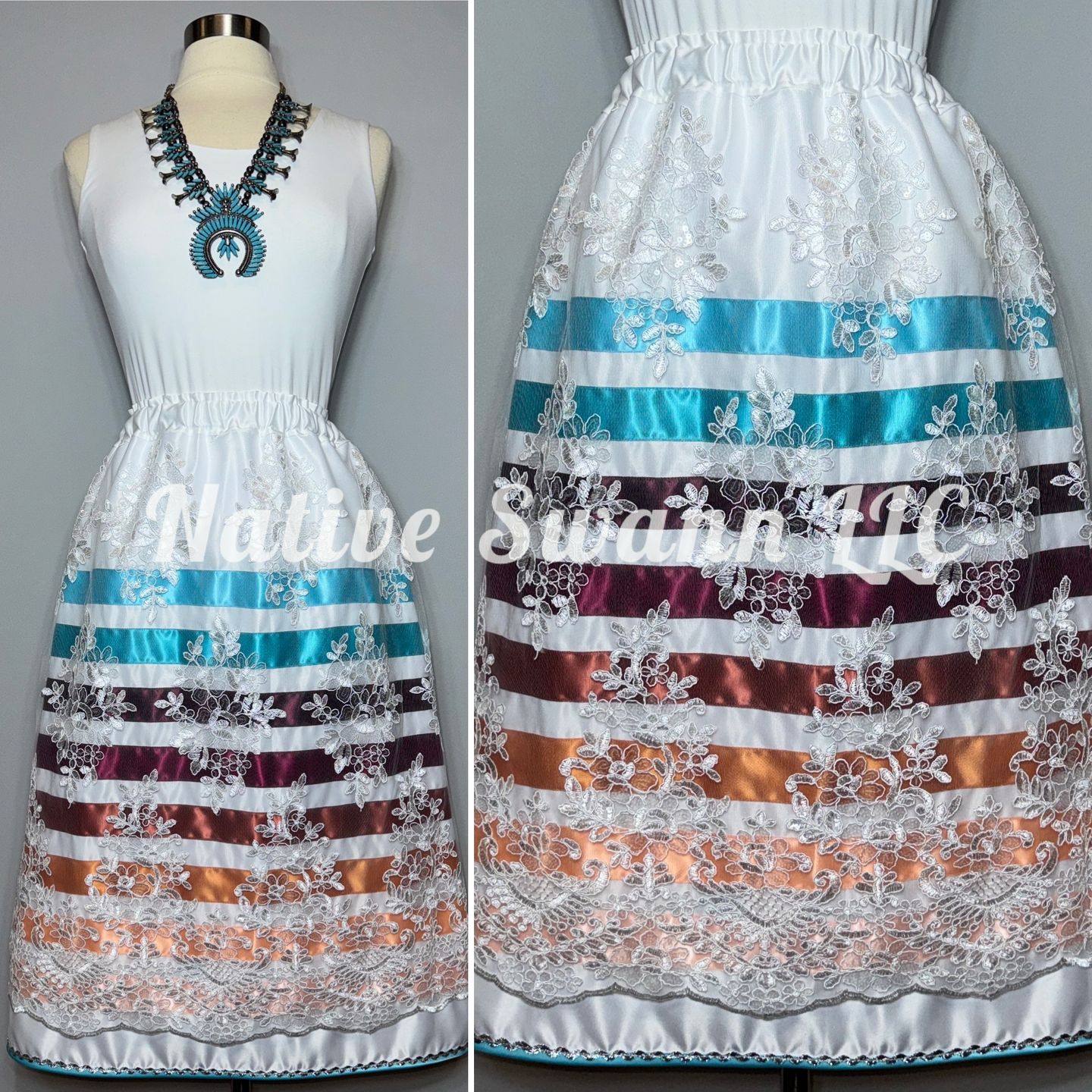 White Florals Overlay Satin Ribbon Skirt