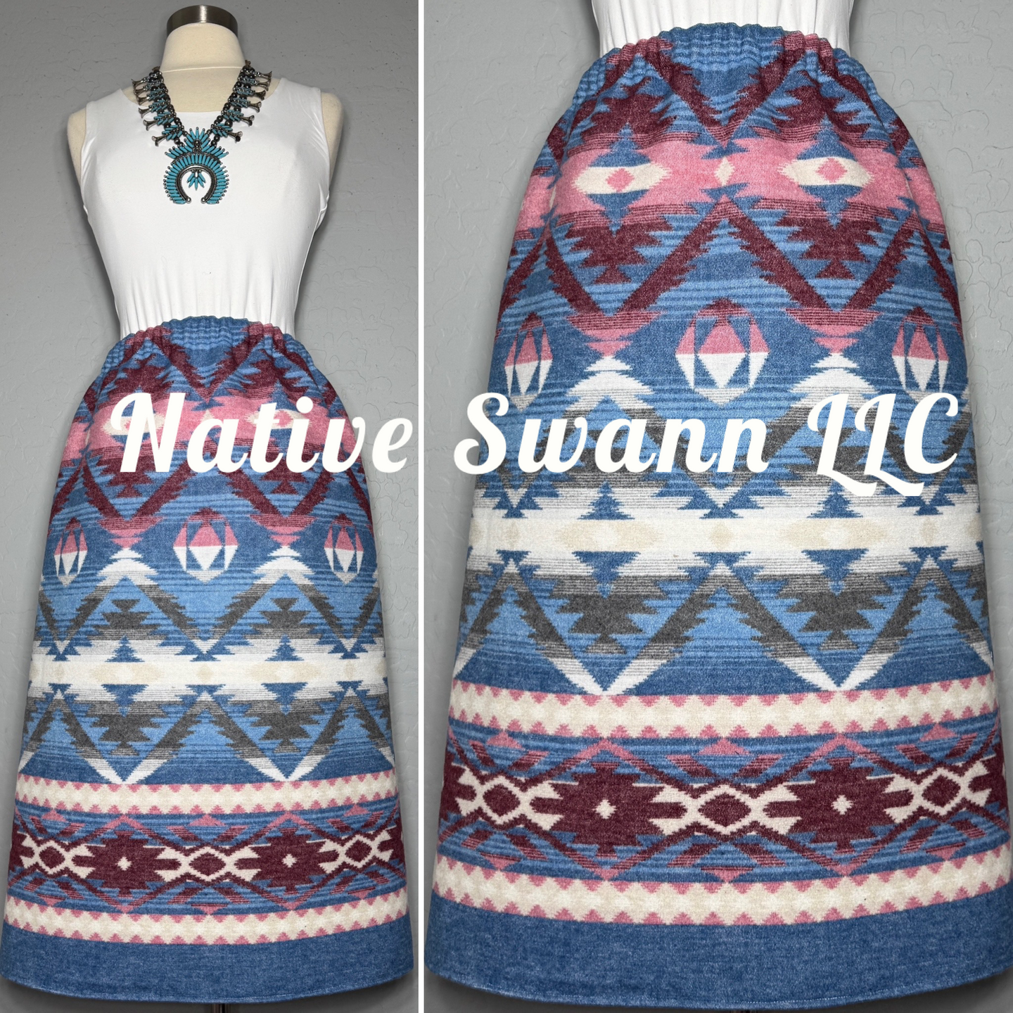 Blue-Red Native Design Wool Skirt
