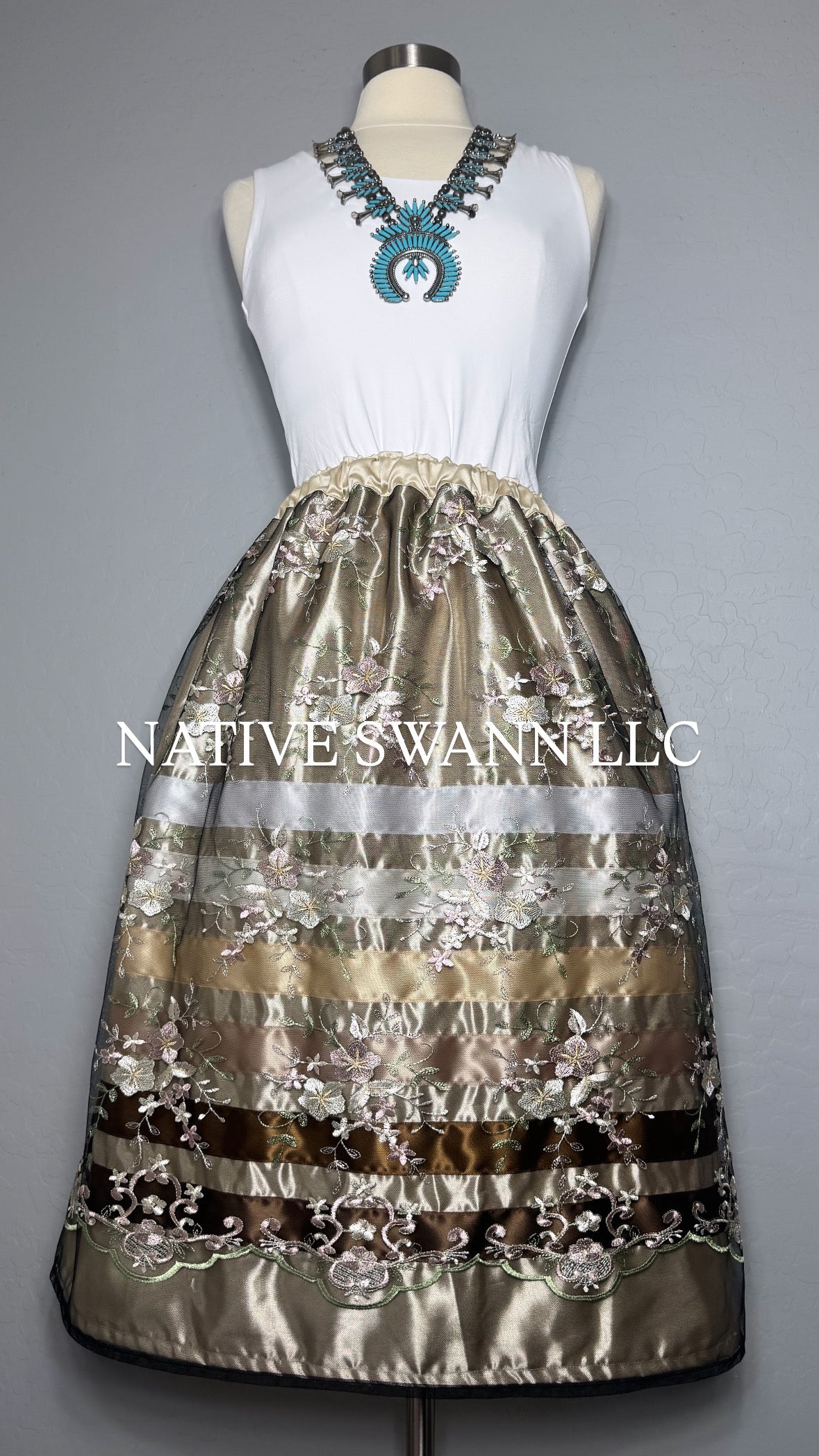 Beige Floral Overlay Satin Ribbon Skirt