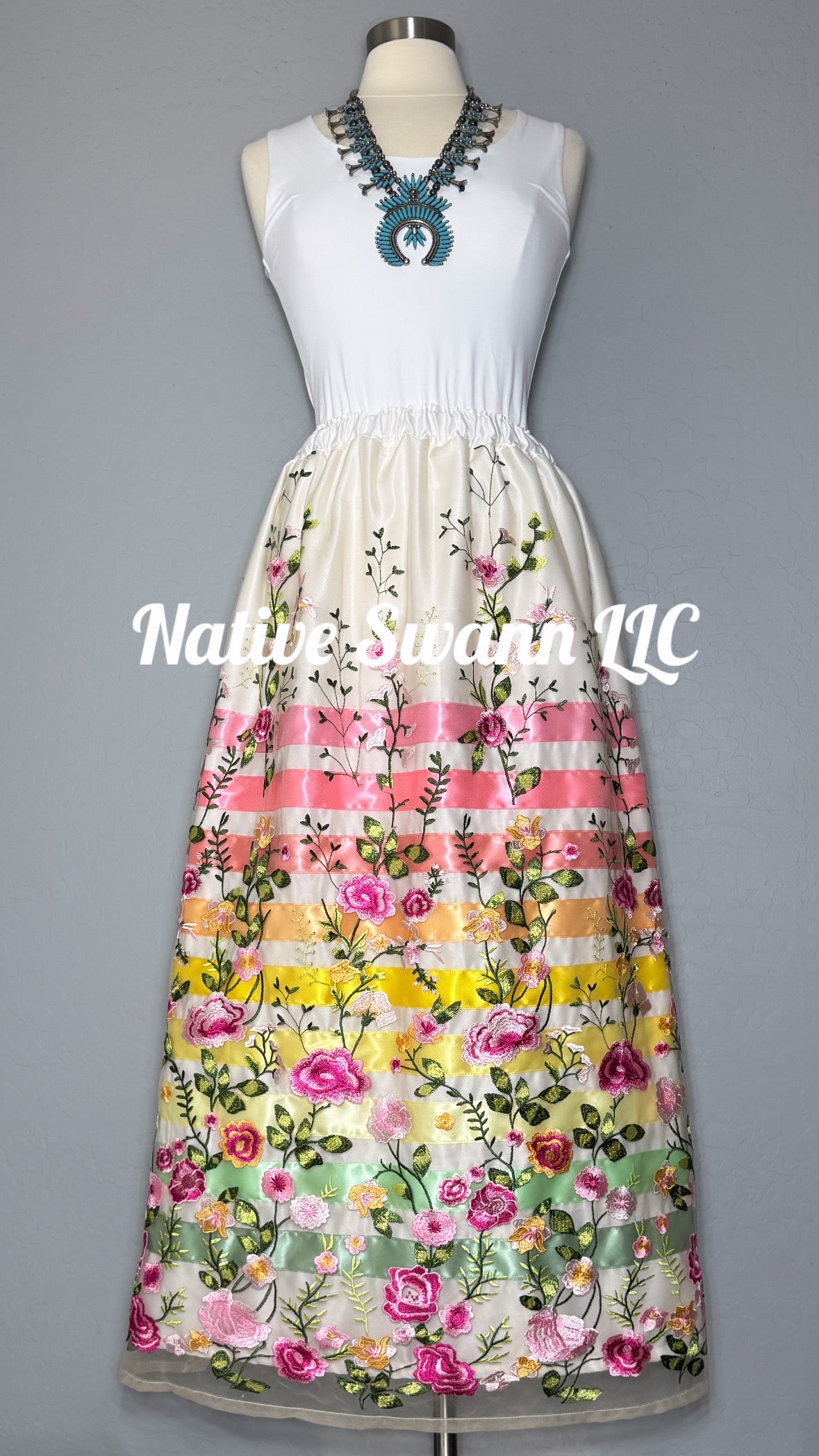 Pink Emb Floral Long Overlay Satin Ribbon Skirt