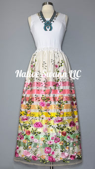 Pink Emb Floral Long Overlay Satin Ribbon Skirt