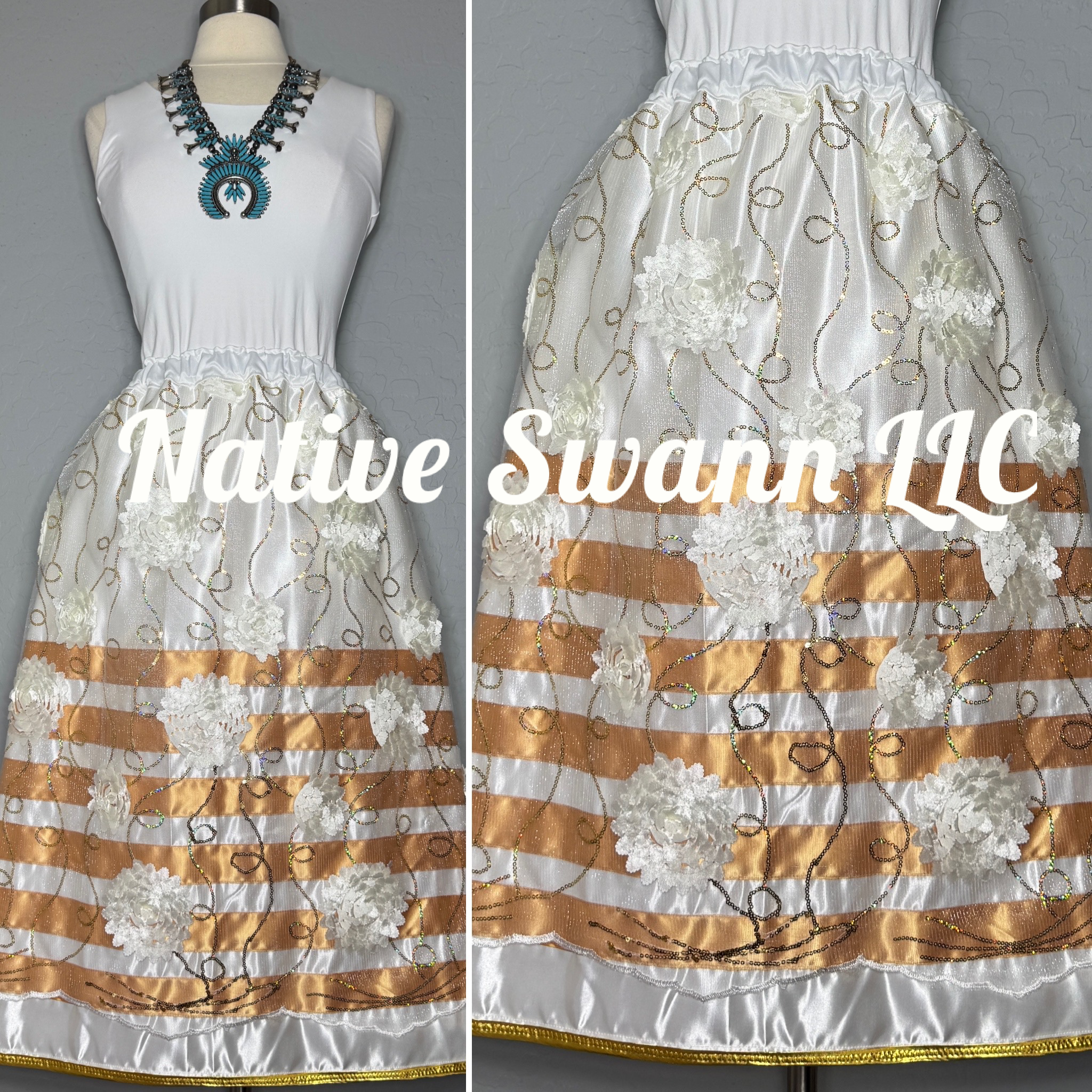 White-Ivory-Gold Flowers Overlay Satin Ribbon Skirt