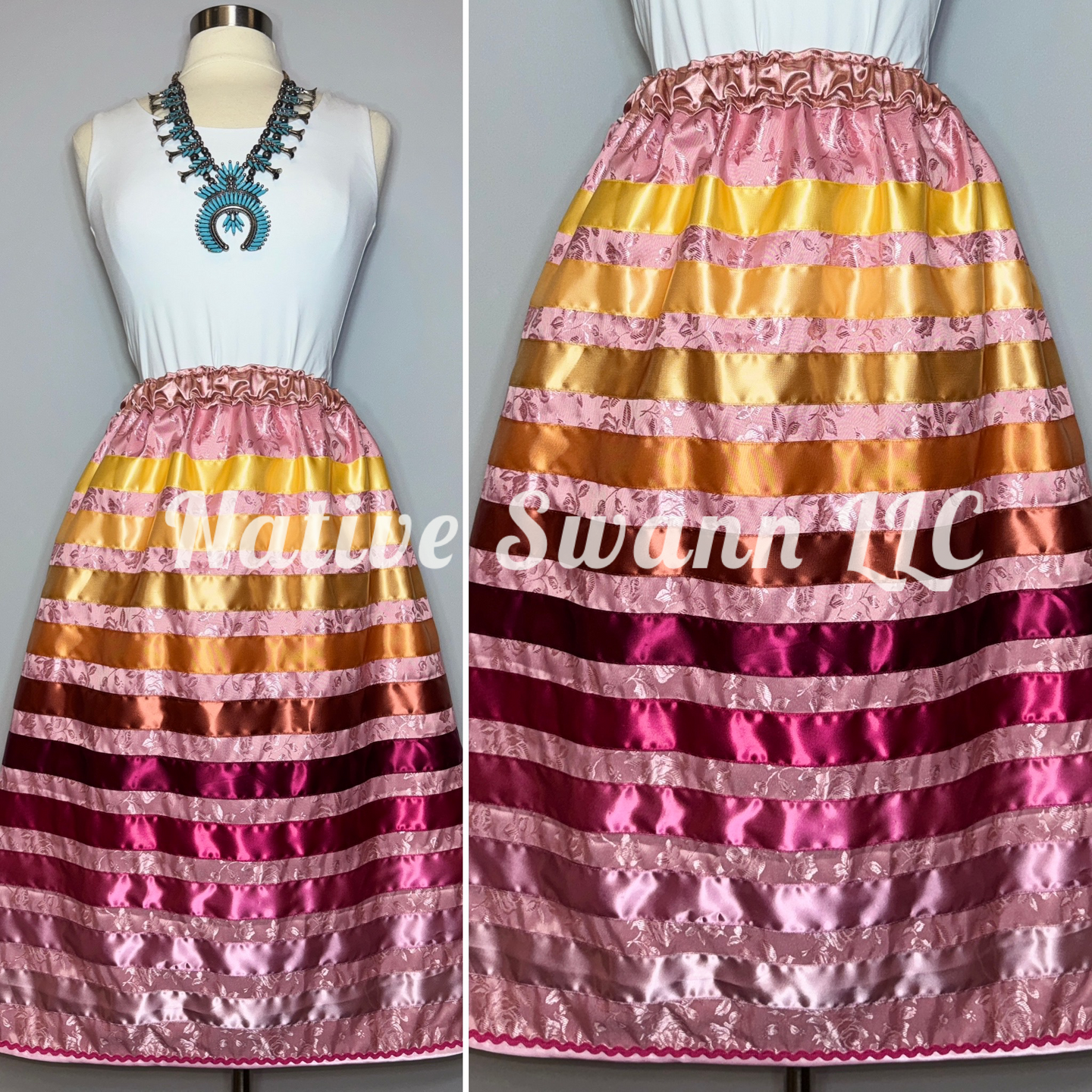 Pink Roses Satin Ribbon Skirt w/ Pockets