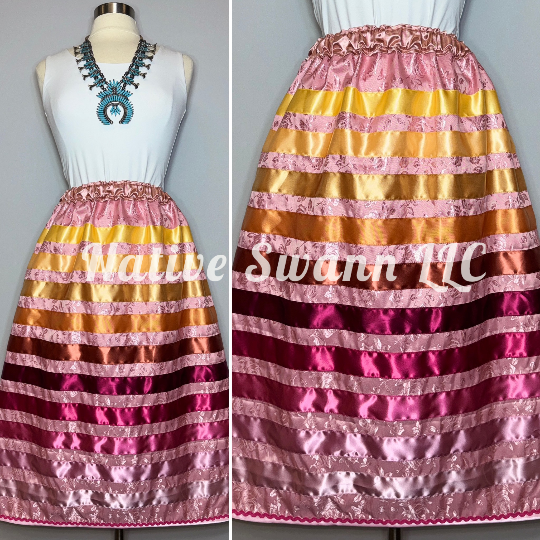 Pink Roses Satin Ribbon Skirt w/ Pockets