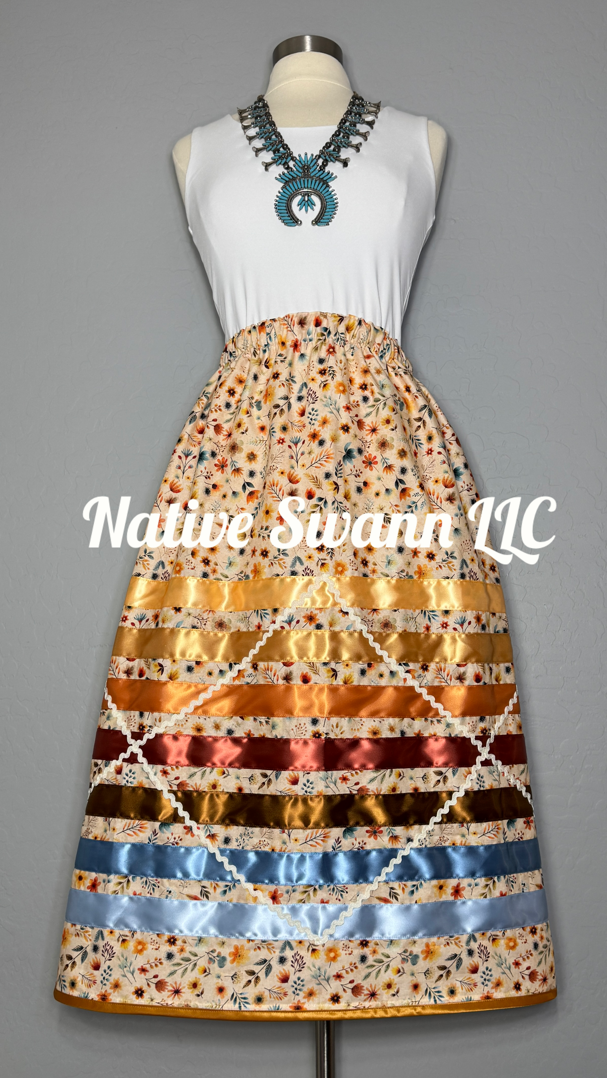 NEW Beige Florals Cotton Ribbon Skirt w/ Pockets