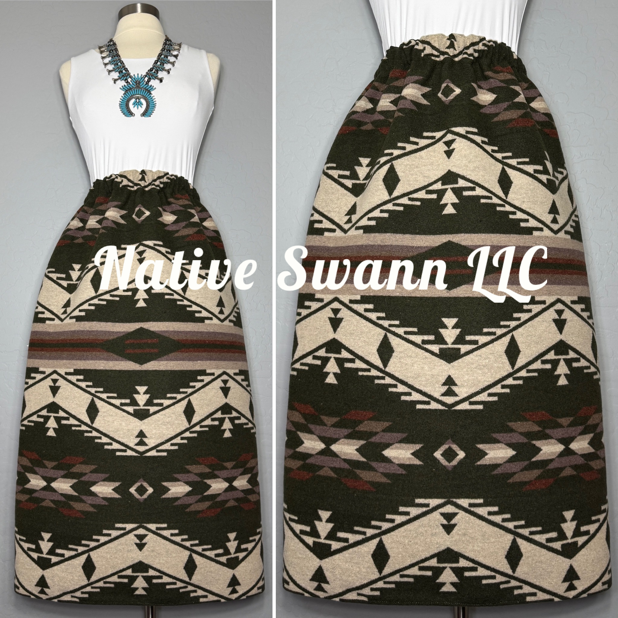 Hunter Green Native Design Wool Skirt