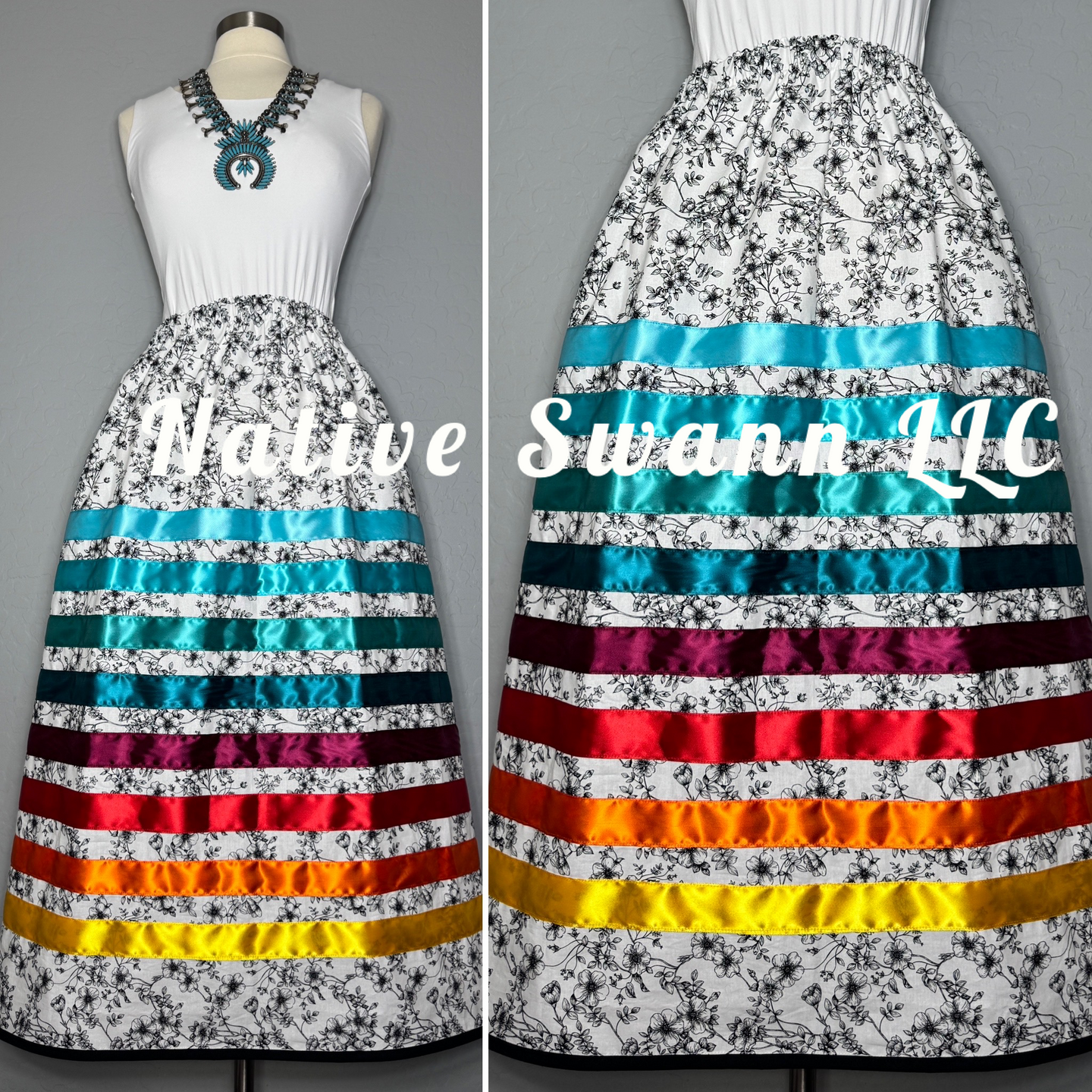 White + Black Florals Cotton Ribbon Skirt w/ Black Trim & Pockets