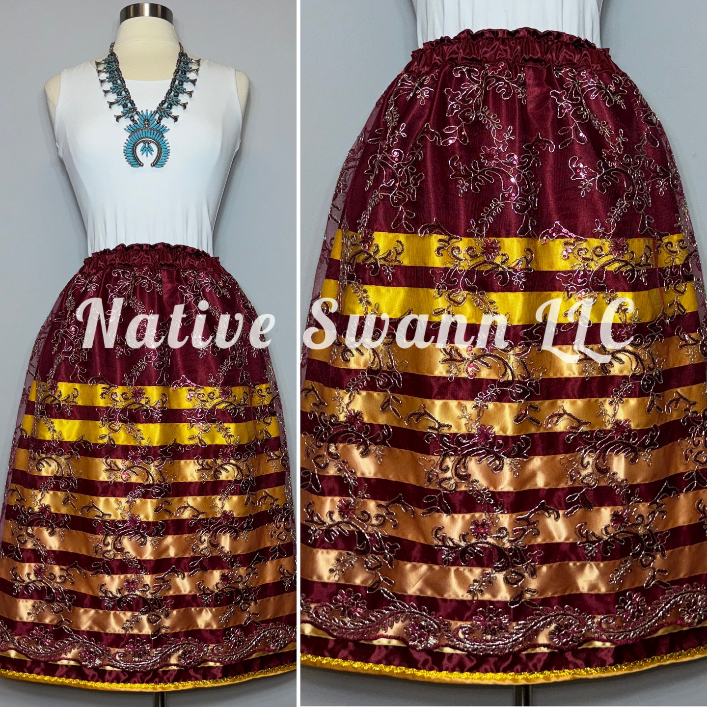 Burgundy Gold Floral Overlay Satin Ribbon Skirt