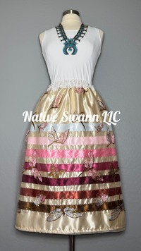 Beige+Pink Dragonflies Overlay Satin Ribbon Skirt