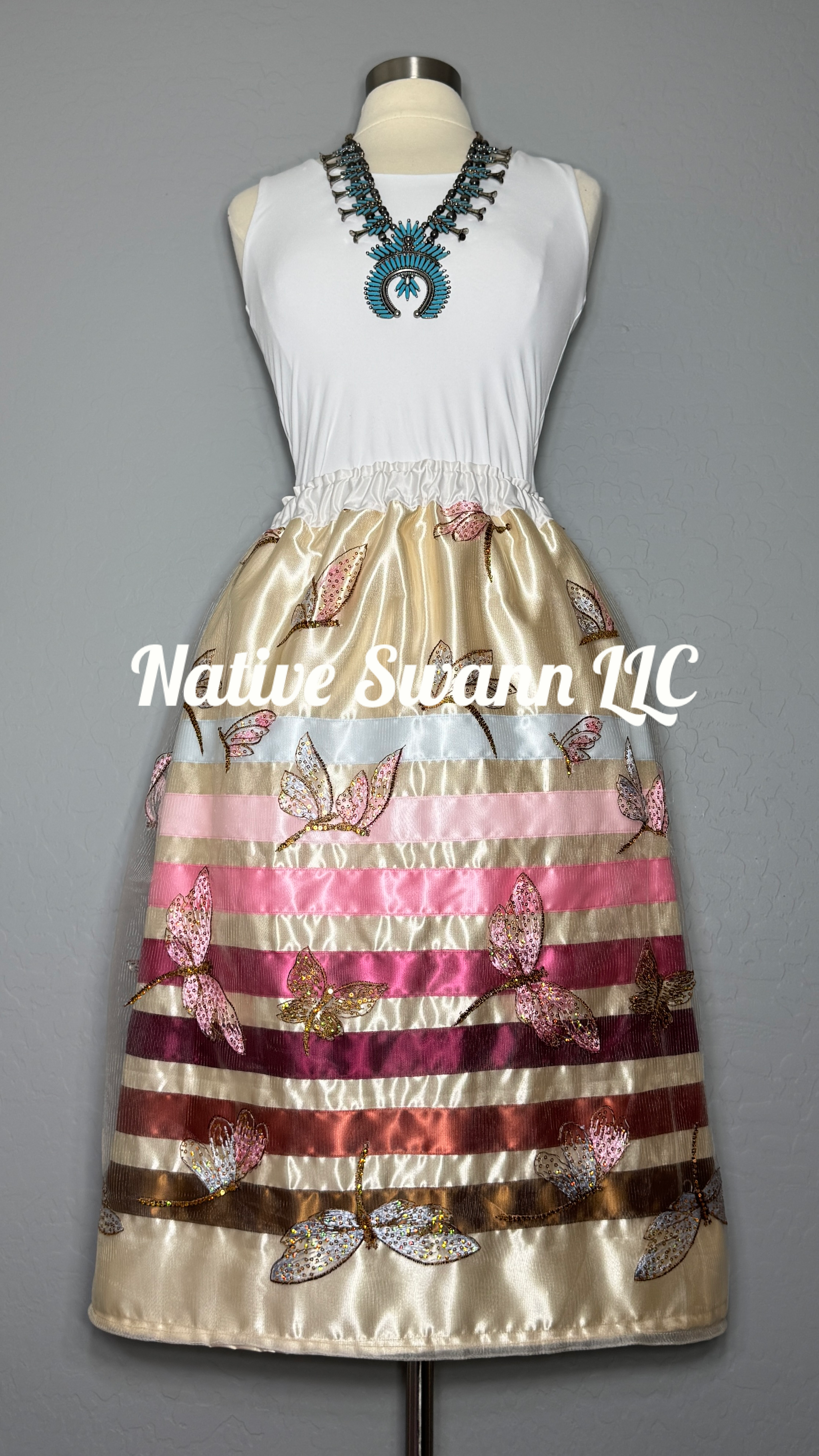 Beige+Pink Dragonflies Overlay Satin Ribbon Skirt