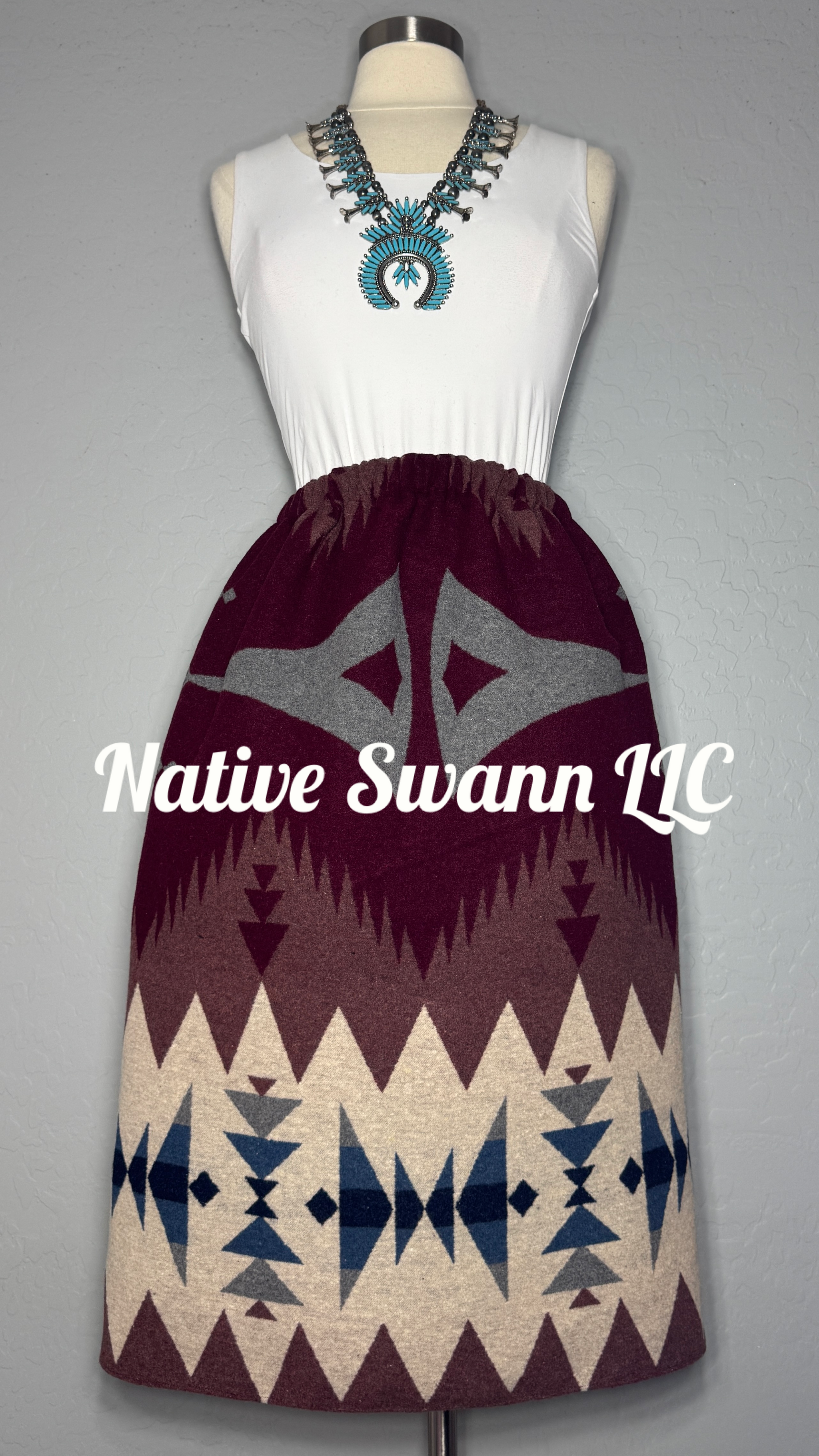 Burgundy Native Design Wool Skirt
