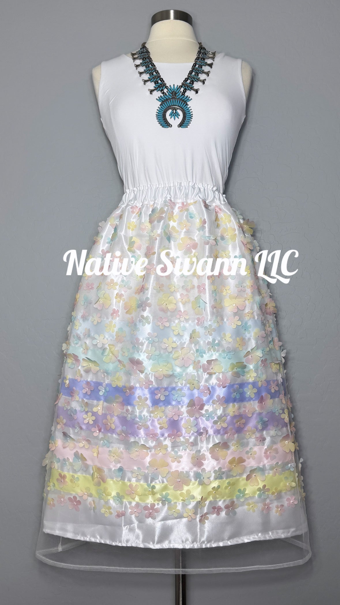 Pastel Multi Color 3D Flowers Overlay Satin Ribbon Skirt