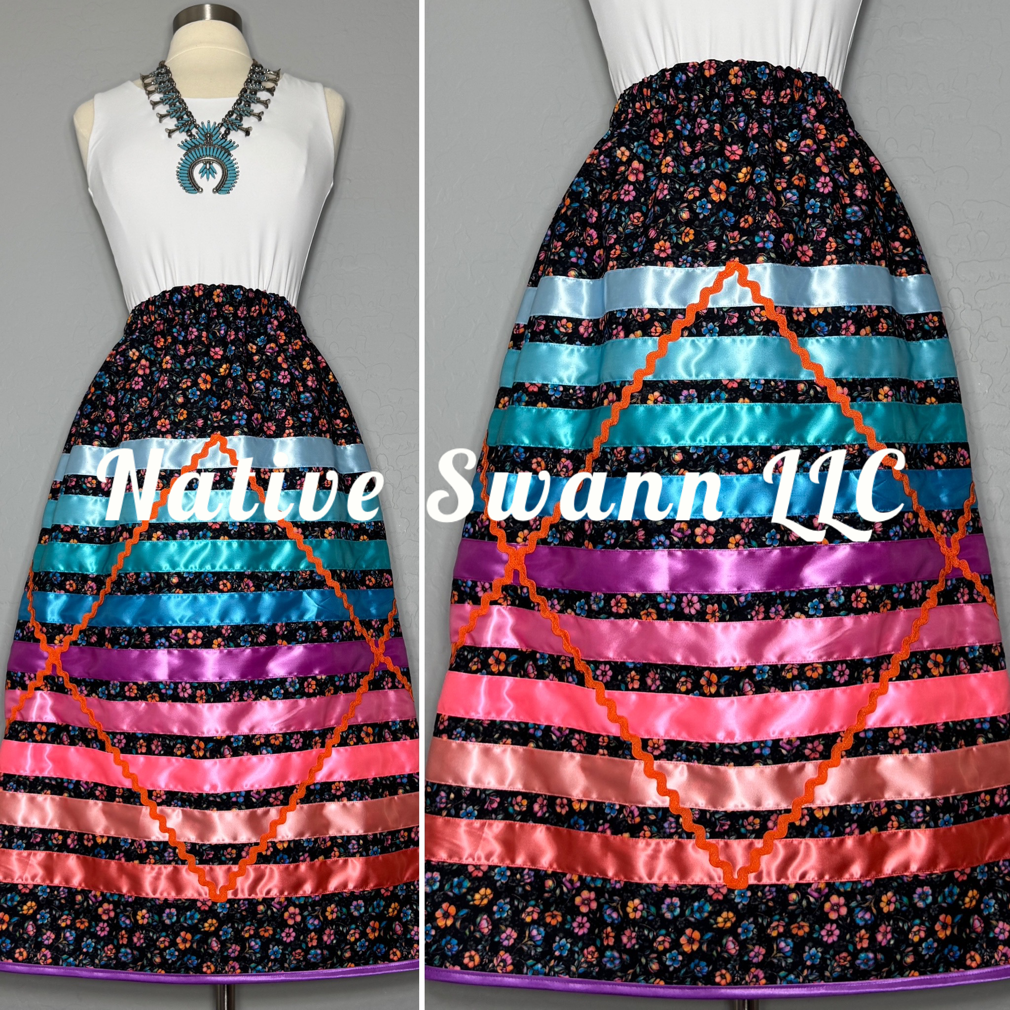 NEW Multi Colors Flowers Cotton Ribbon Skirt w/ Pockets