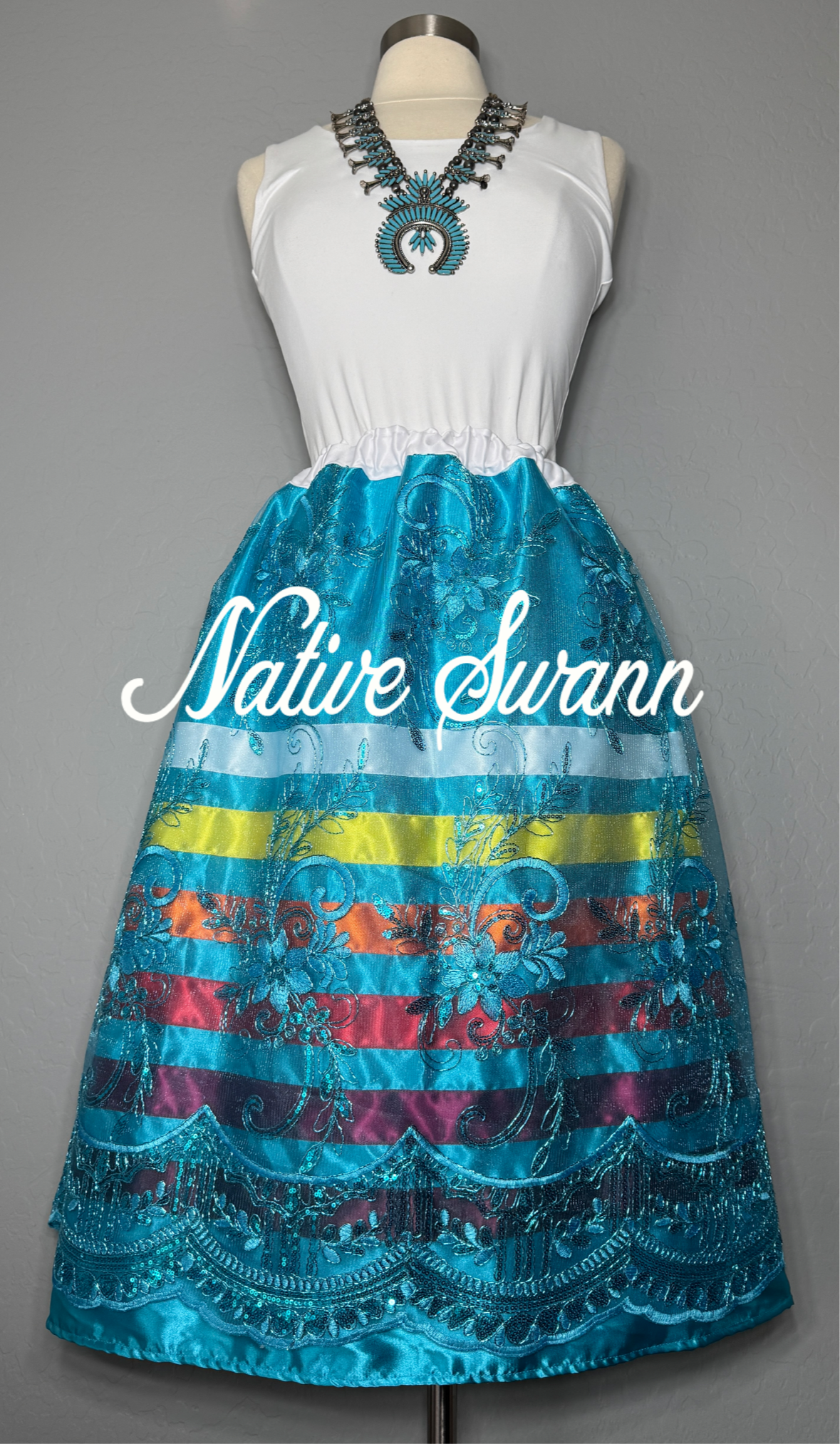 Aqua Blue Floral Overlay Satin Ribbon Skirt