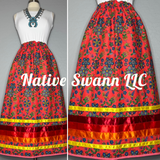 Orange-Red Beaded Print Hummingbird Cotton Ribbon Skirt w/ pockets