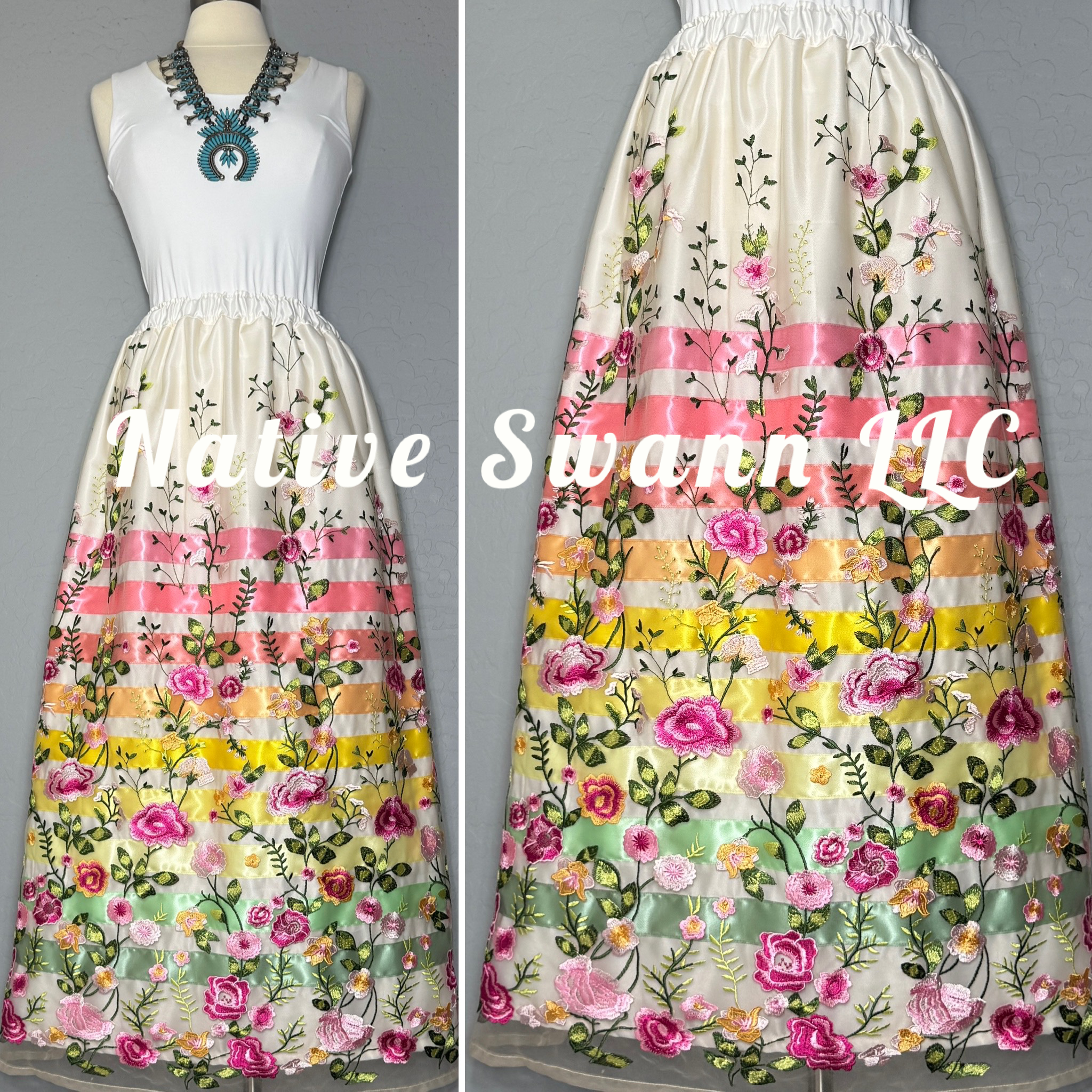 Pink Emb Floral Long Overlay Satin Ribbon Skirt