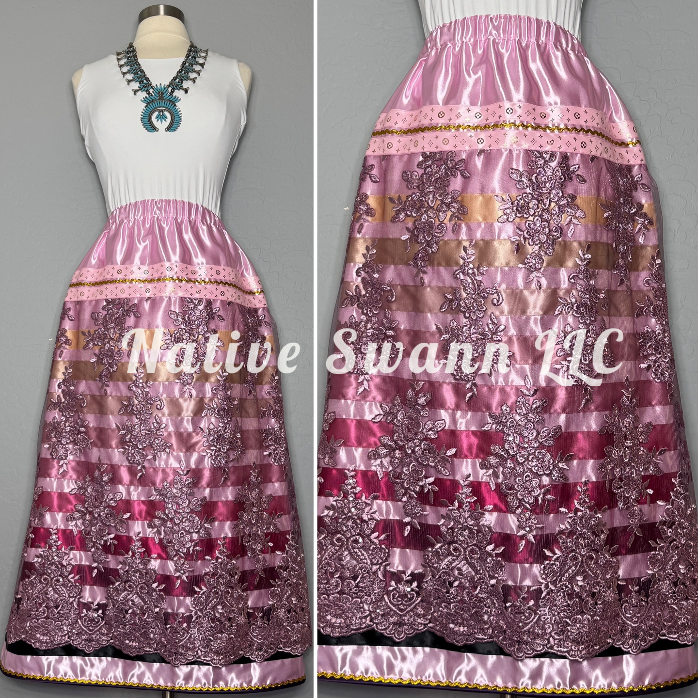 Mauve-Pink Floral Embroidered Overlay Satin Ribbon Skirt w/ Pockets